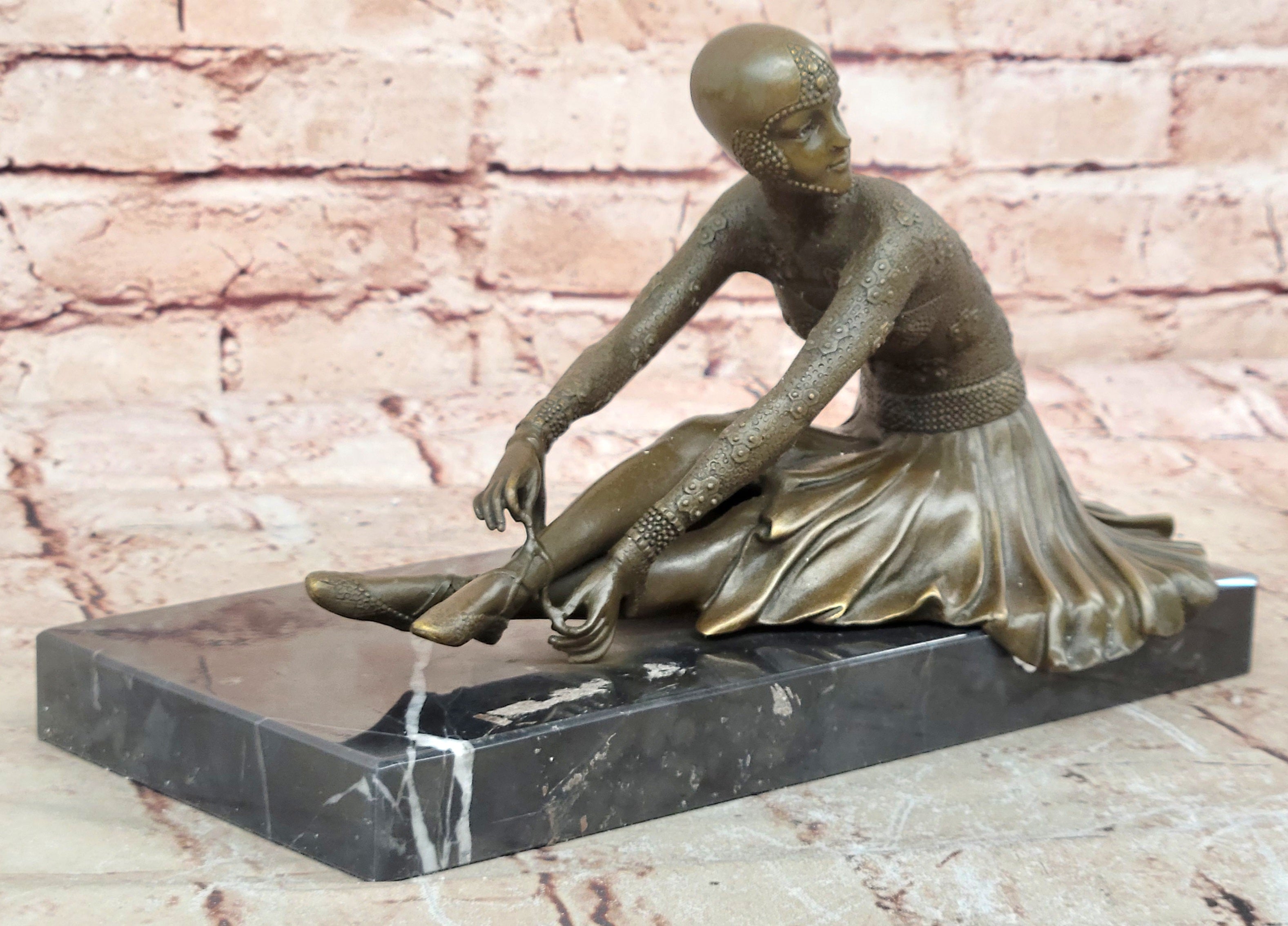 Art Deco Signed Chiparus Dancer Bronze Sculpture Marble Base Statue Figurine Art