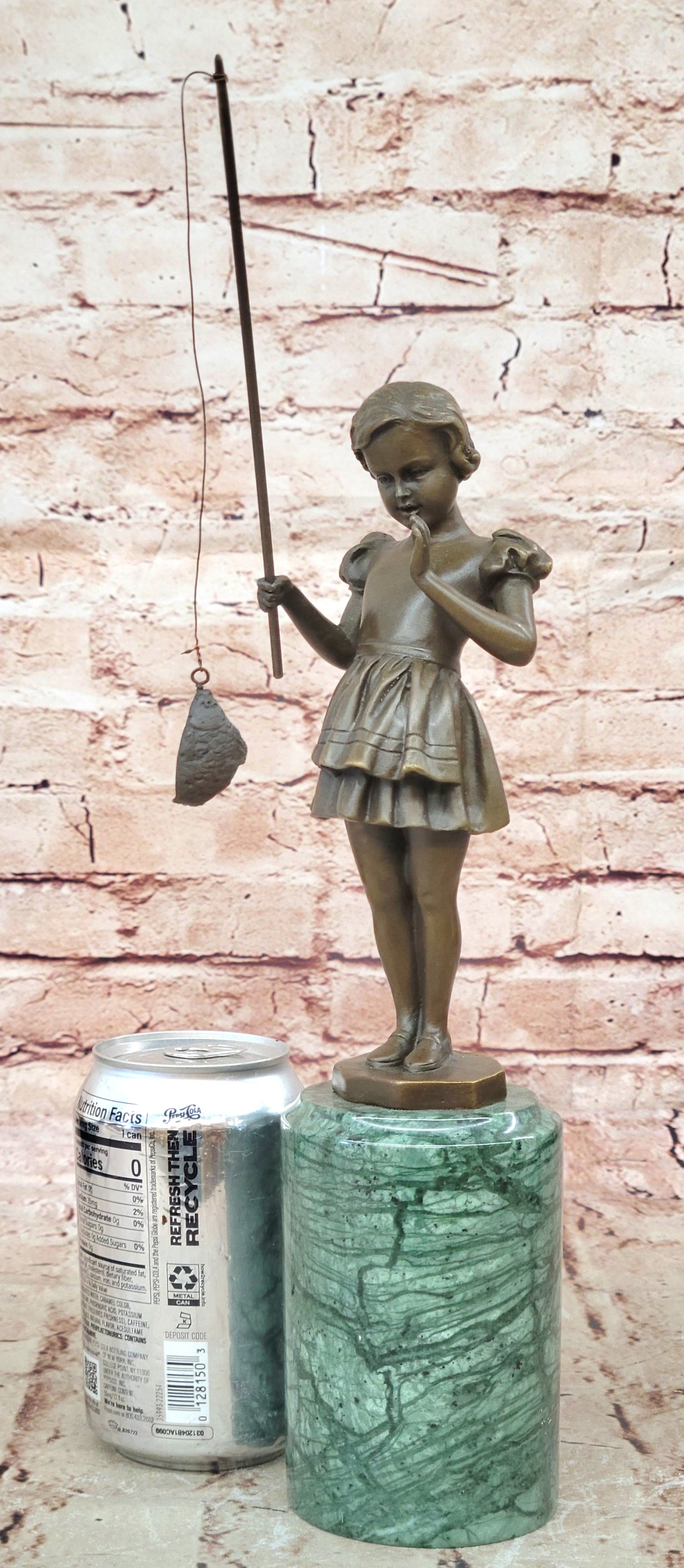 Figurine of Young Girl Fishing Hot Cast Bronze Art Sculpture Green Marble Base