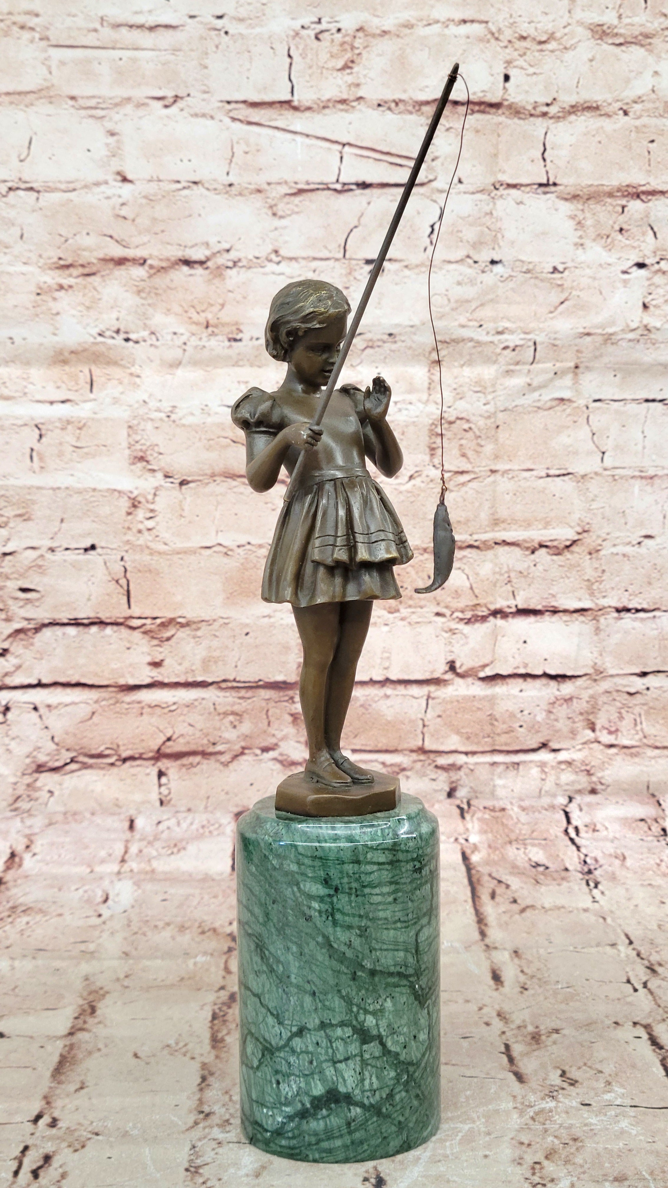 Figurine of Young Girl Fishing Hot Cast Bronze Art Sculpture Green Marble Base
