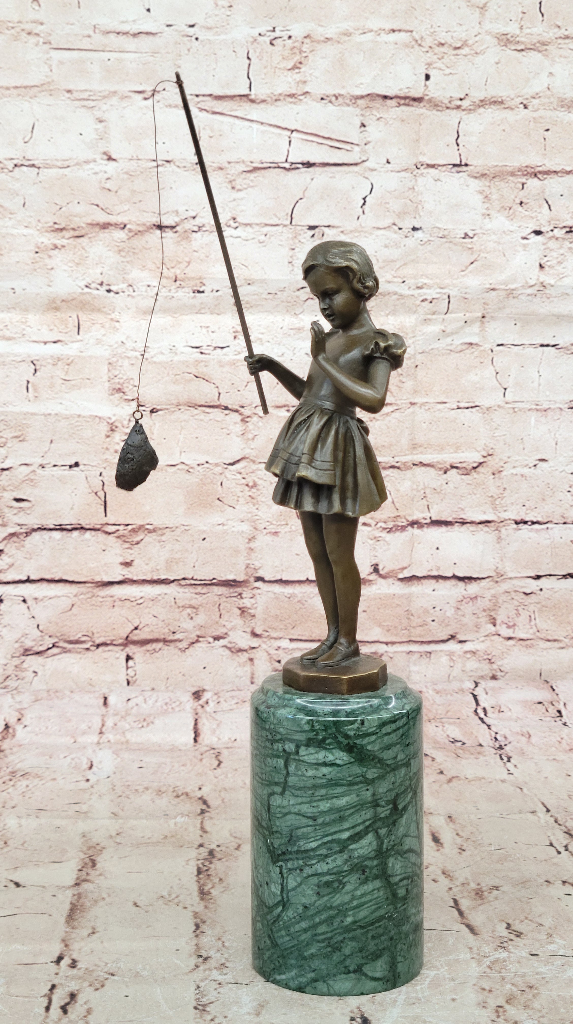 Figurine of Young Girl Fishing Hot Cast Bronze Art Sculpture Green Marble Base