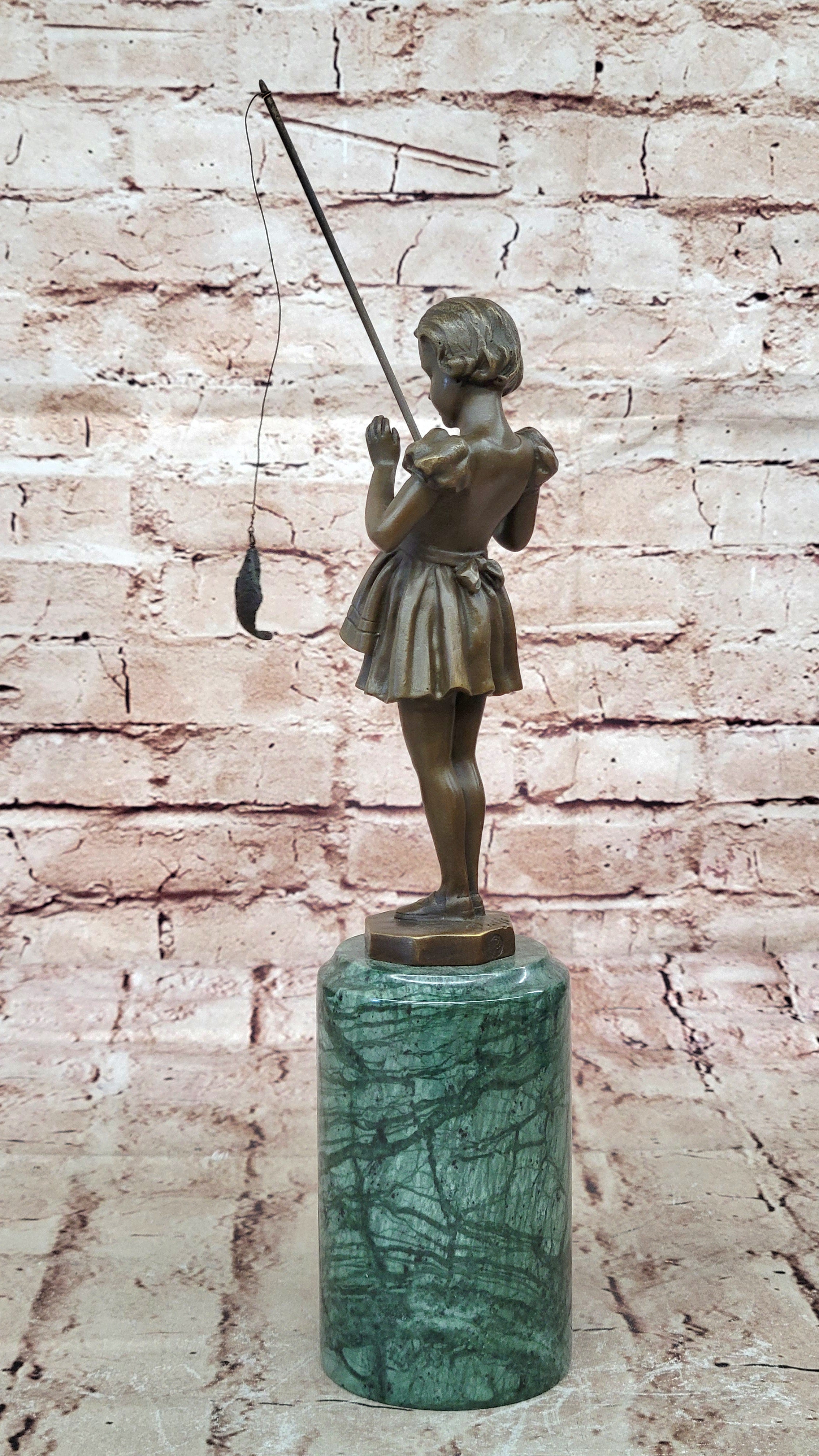 Figurine of Young Girl Fishing Hot Cast Bronze Art Sculpture Green Marble Base