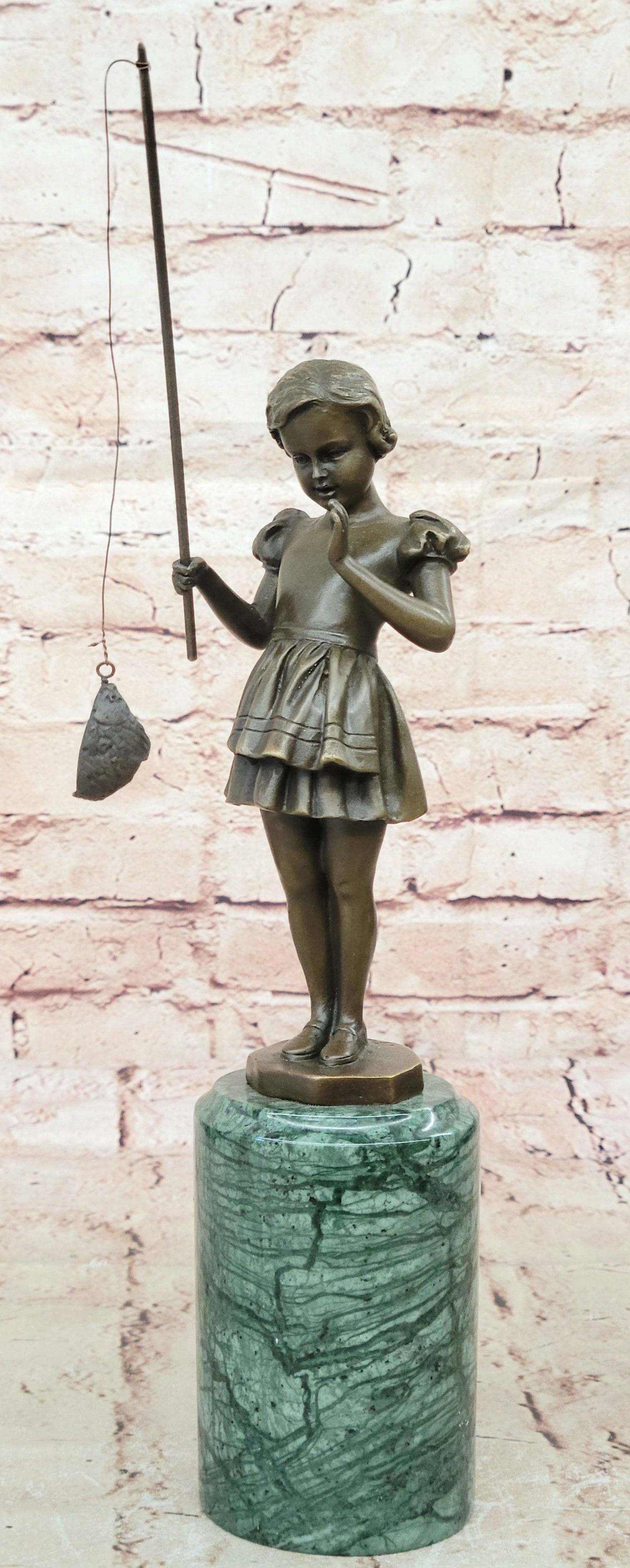 Figurine of Young Girl Fishing Hot Cast Bronze Art Sculpture Green Marble Base