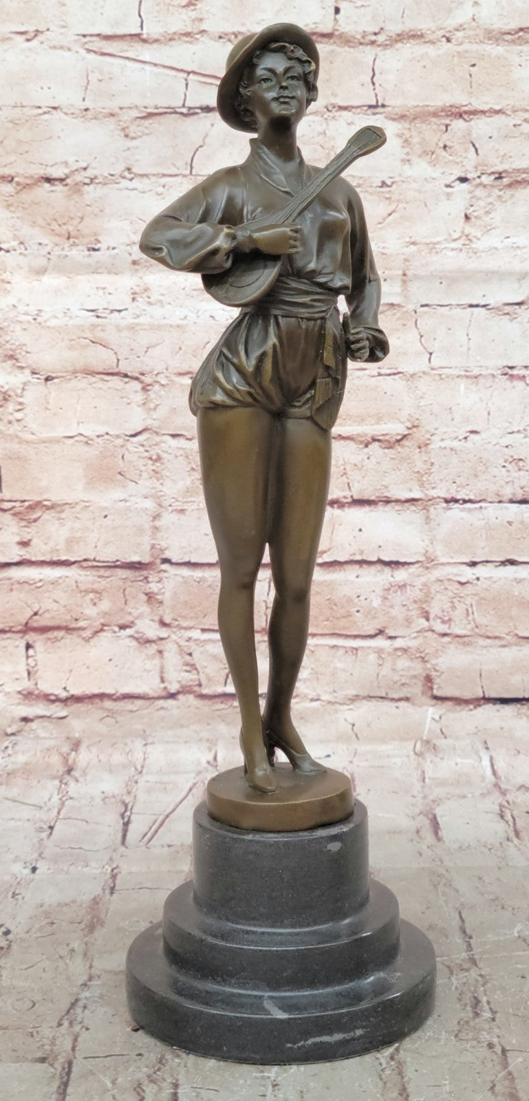 Music Woman Banjo Marble Base Handcrafted Art Bronze Sculpture Statue Figure