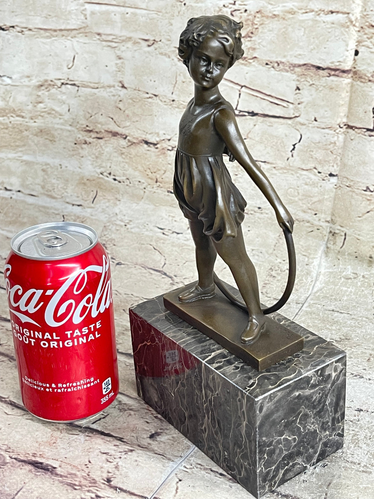 Handcrafted Little Girl Playing Loop Hot Cast Bronze Sculpture Marble Base Figure