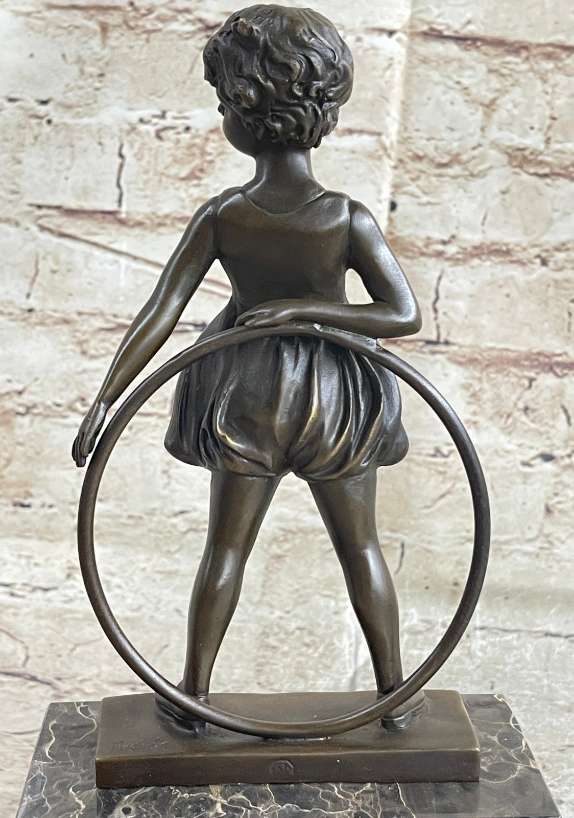 Handcrafted Little Girl Playing Loop Hot Cast Bronze Sculpture Marble Base Figure