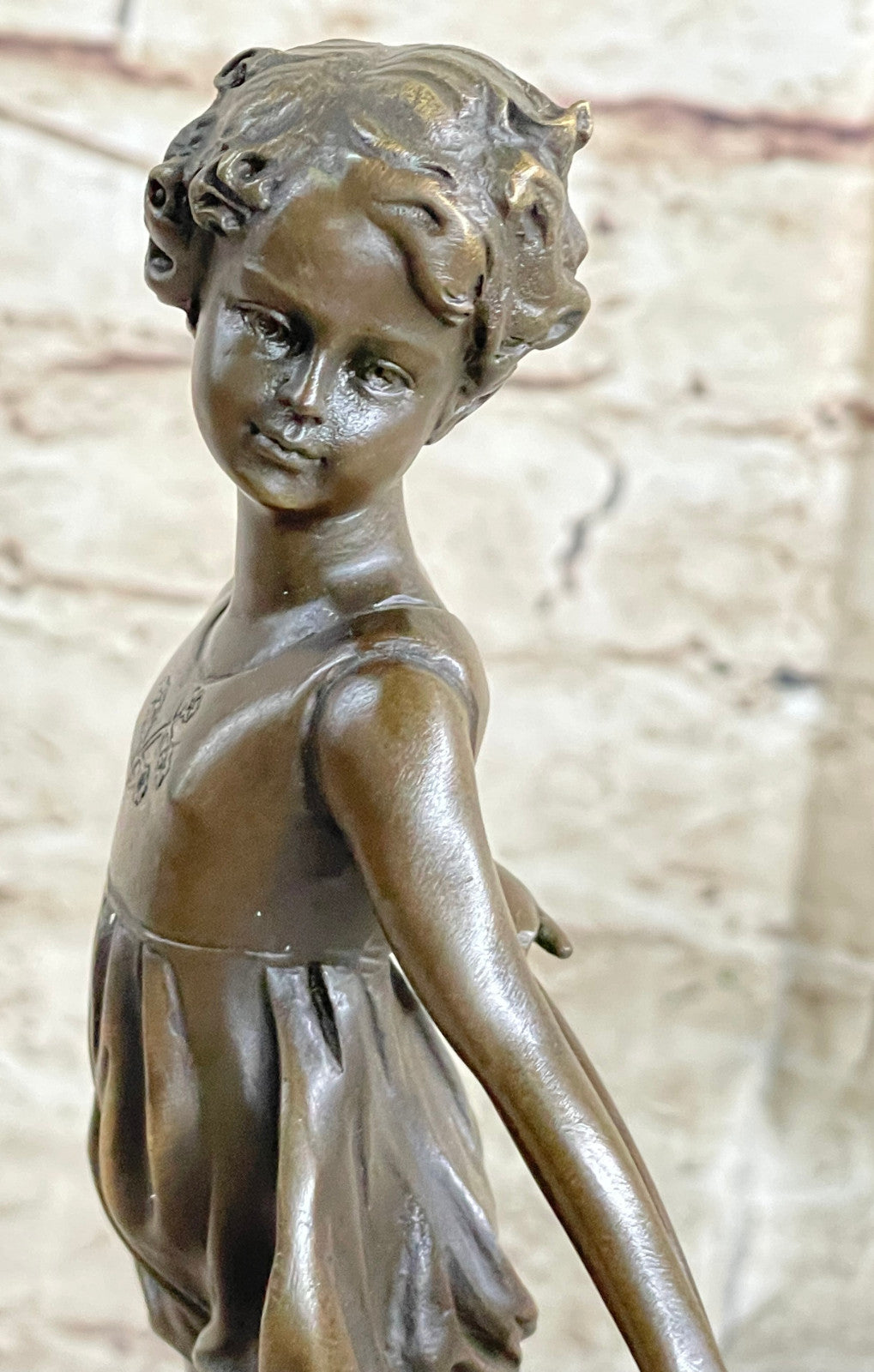 Handcrafted Little Girl Playing Loop Hot Cast Bronze Sculpture Marble Base Figure