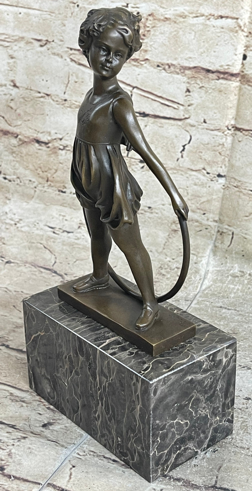 Handcrafted Little Girl Playing Loop Hot Cast Bronze Sculpture Marble Base Figure