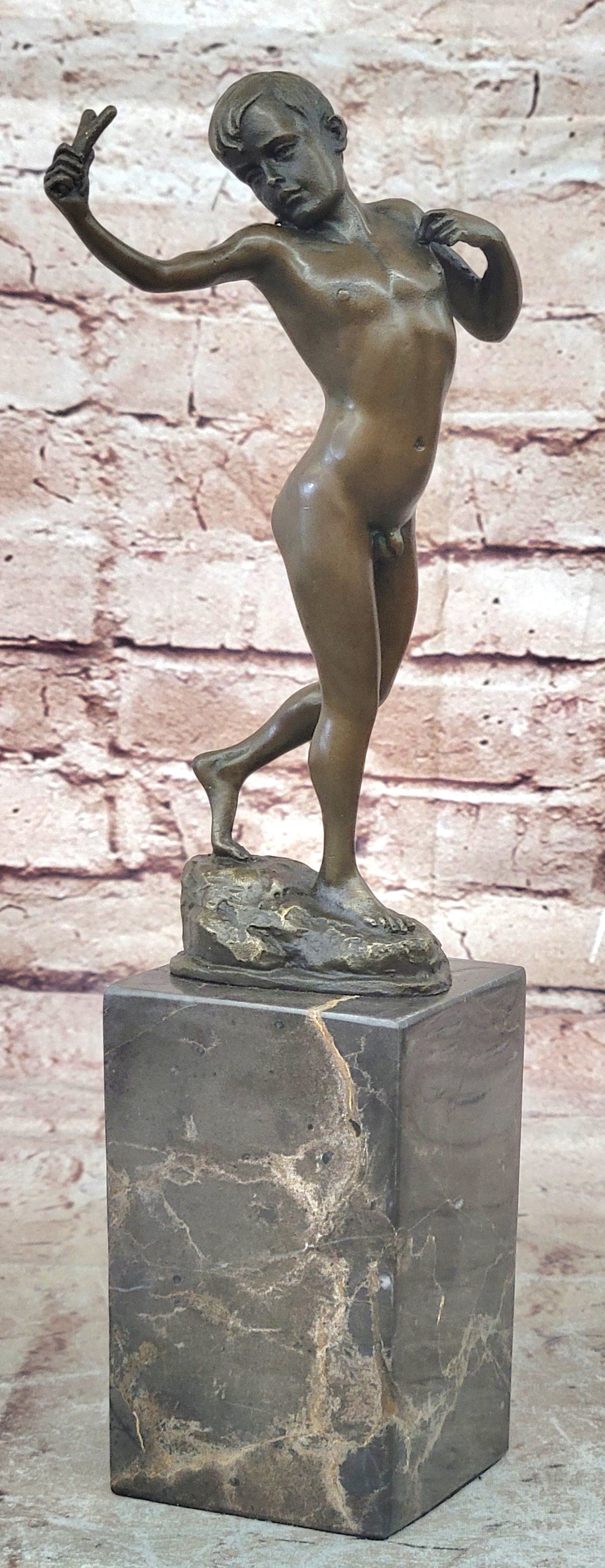 Signed Original Milo Nude Boy Sling Shot Bronze Hot Cast Handcrafted Sculpture