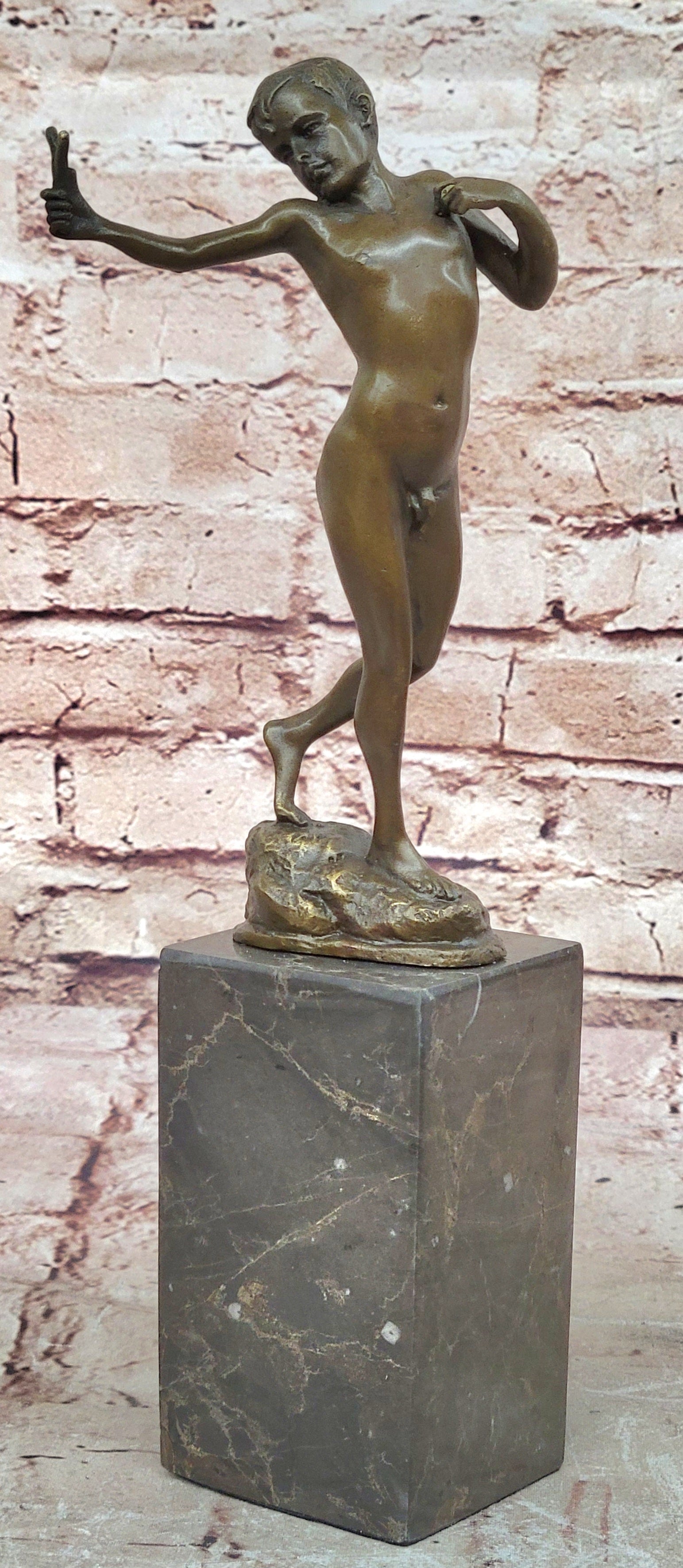Signed Original Milo Nude Boy Sling Shot Bronze Hot Cast Handcrafted Sculpture
