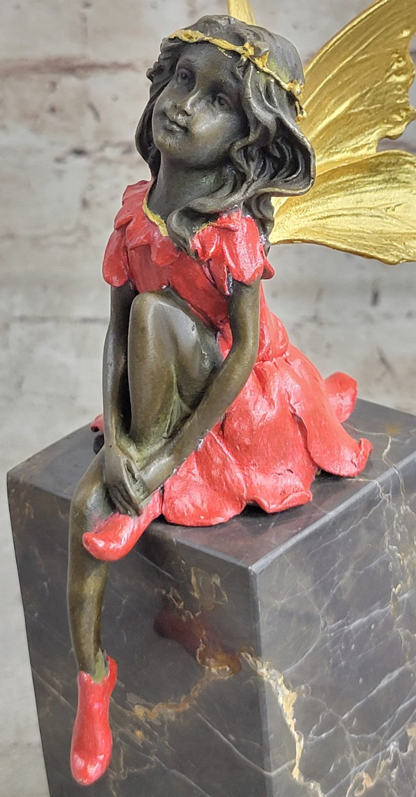 Graceful Butterfly Angel Sculpture on Brown Marble Base Handmade Bronze Masterpiece