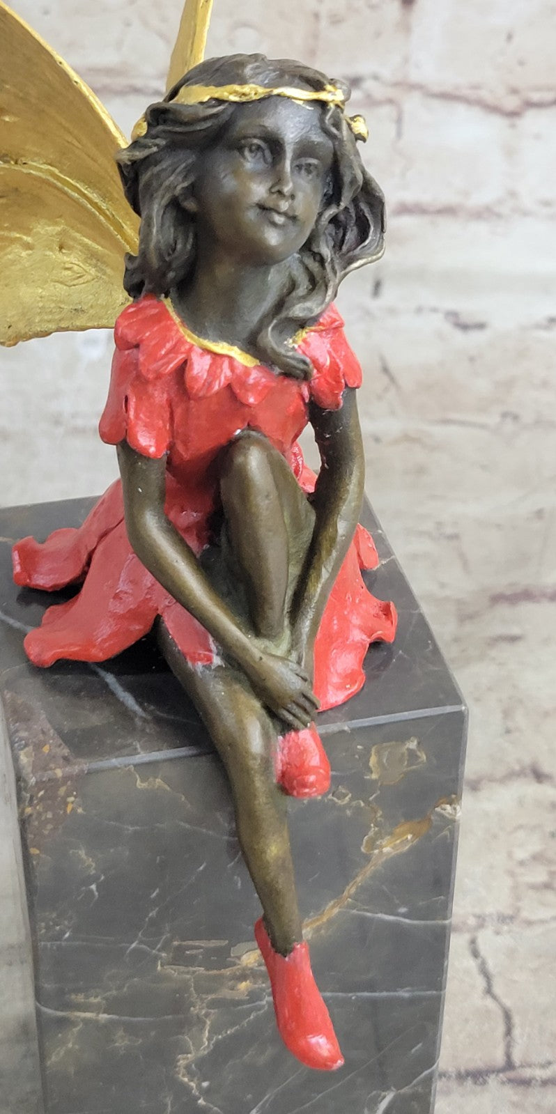 Graceful Butterfly Angel Sculpture on Brown Marble Base Handmade Bronze Masterpiece