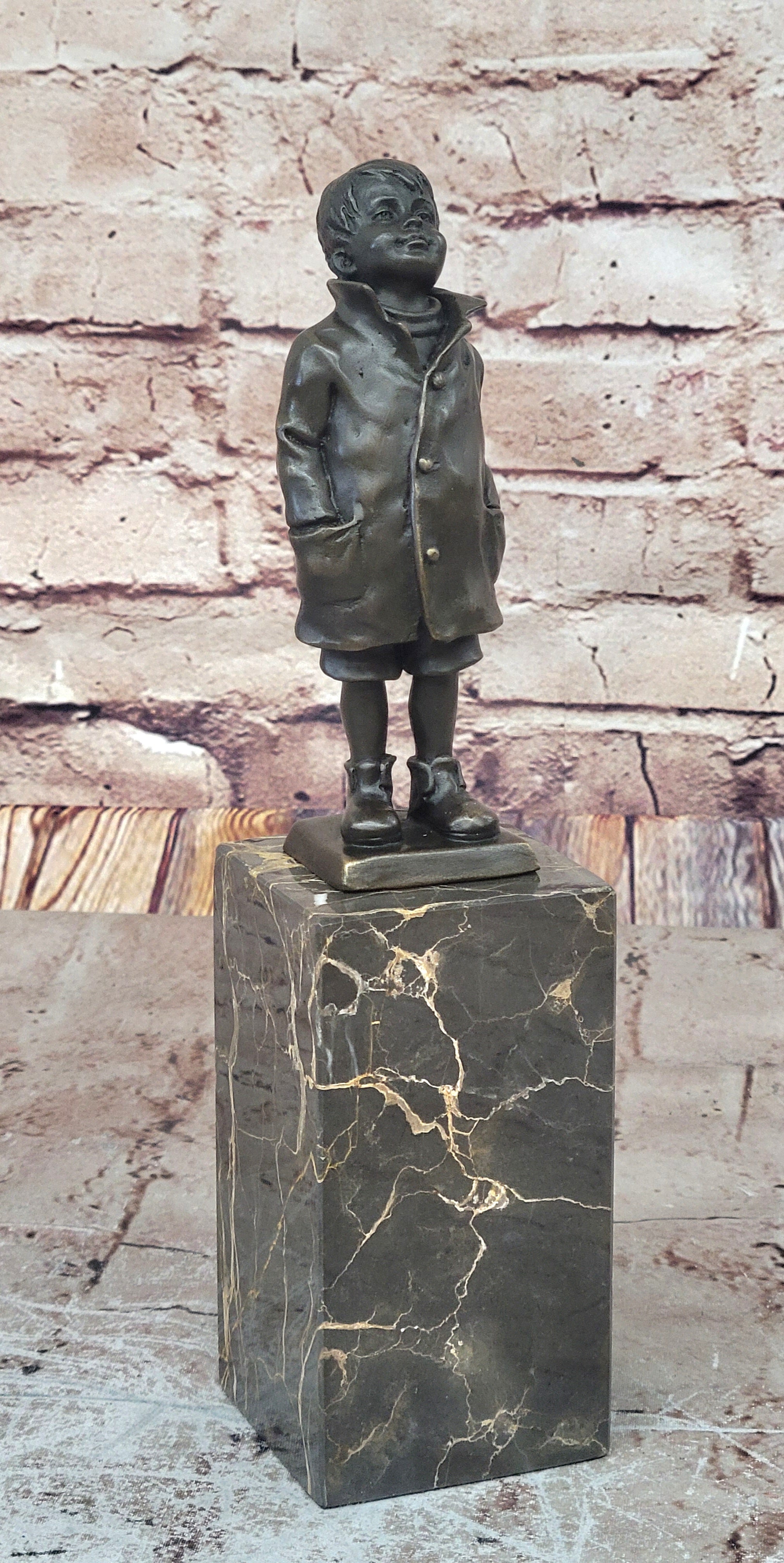 Vintage Signed Child Boy Bronze Sculpture Figurine Figure Cast Children Statue T