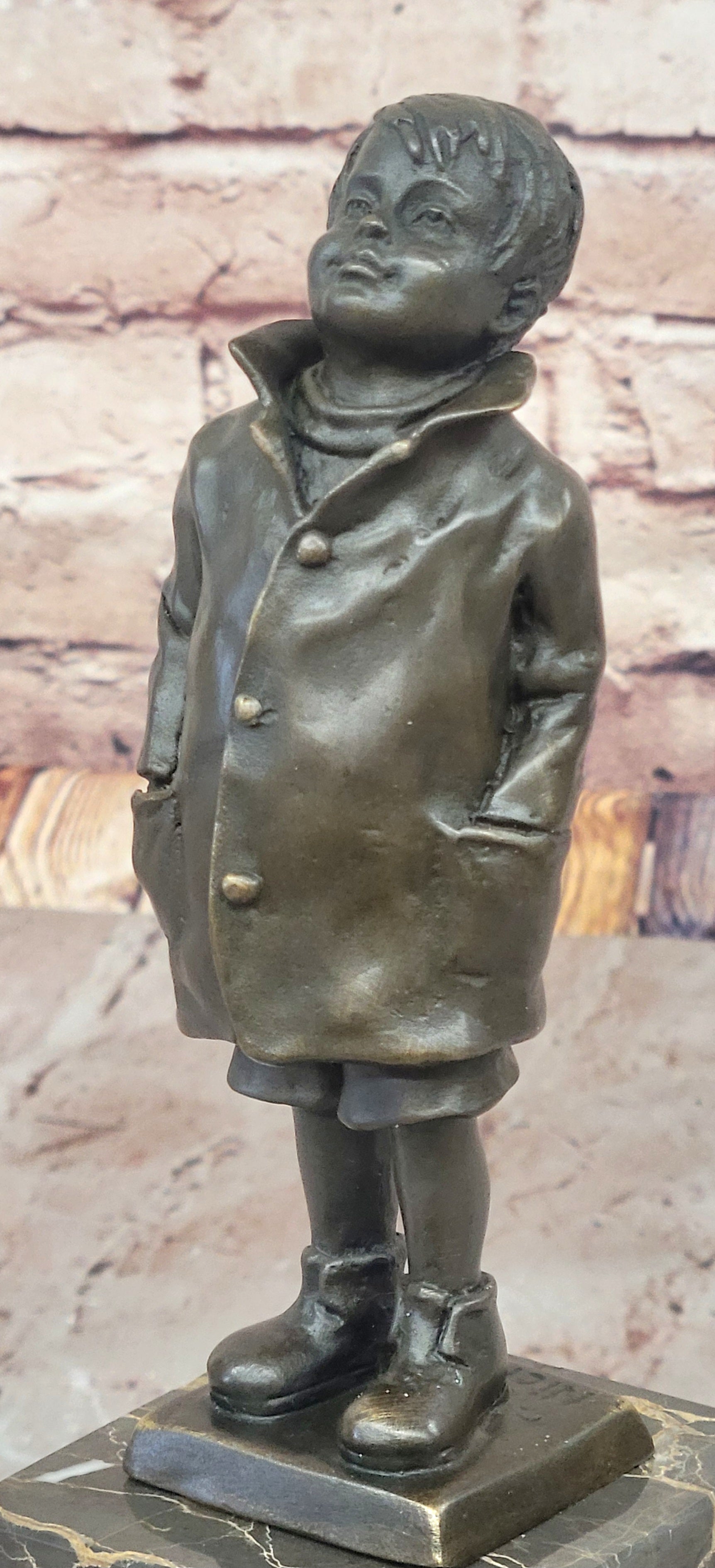 Vintage Signed Child Boy Bronze Sculpture Figurine Figure Cast Children Statue T