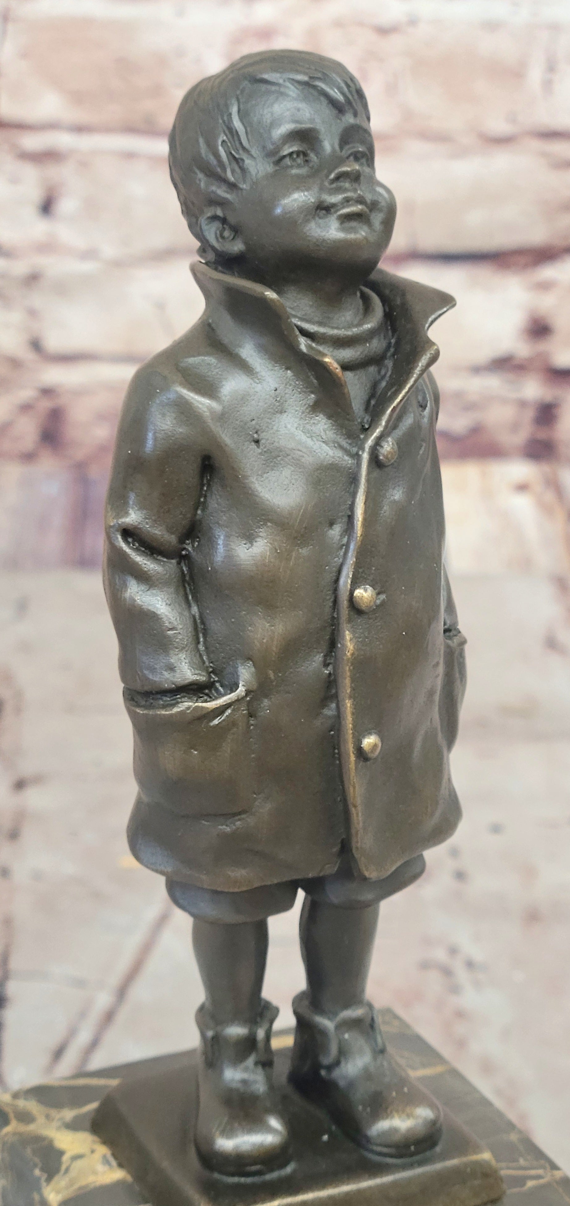Vintage Signed Child Boy Bronze Sculpture Figurine Figure Cast Children Statue T