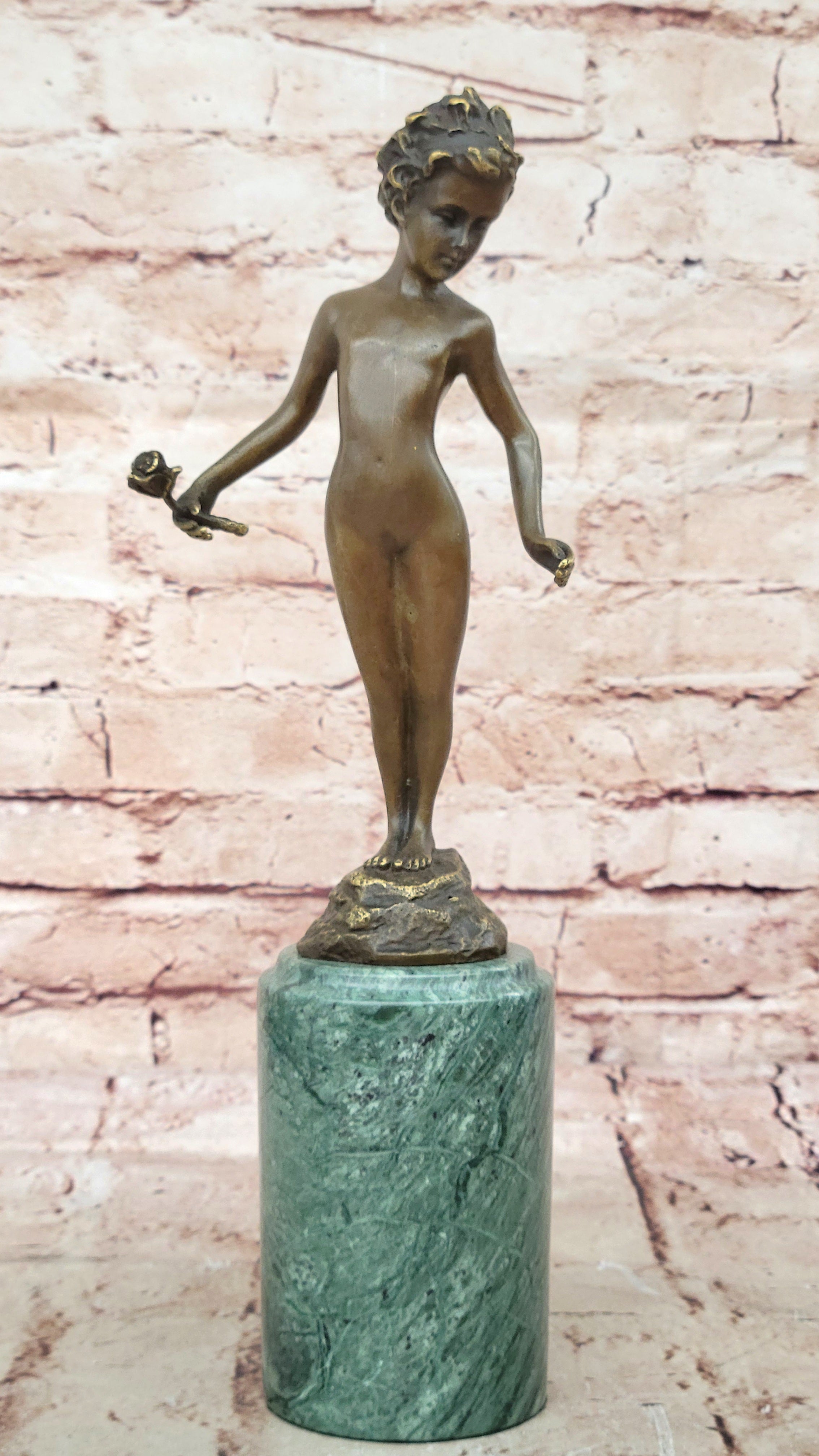 Bronze Sculpture Nude Male Holding Flower Hot Cast Marble Base Figurine Figure