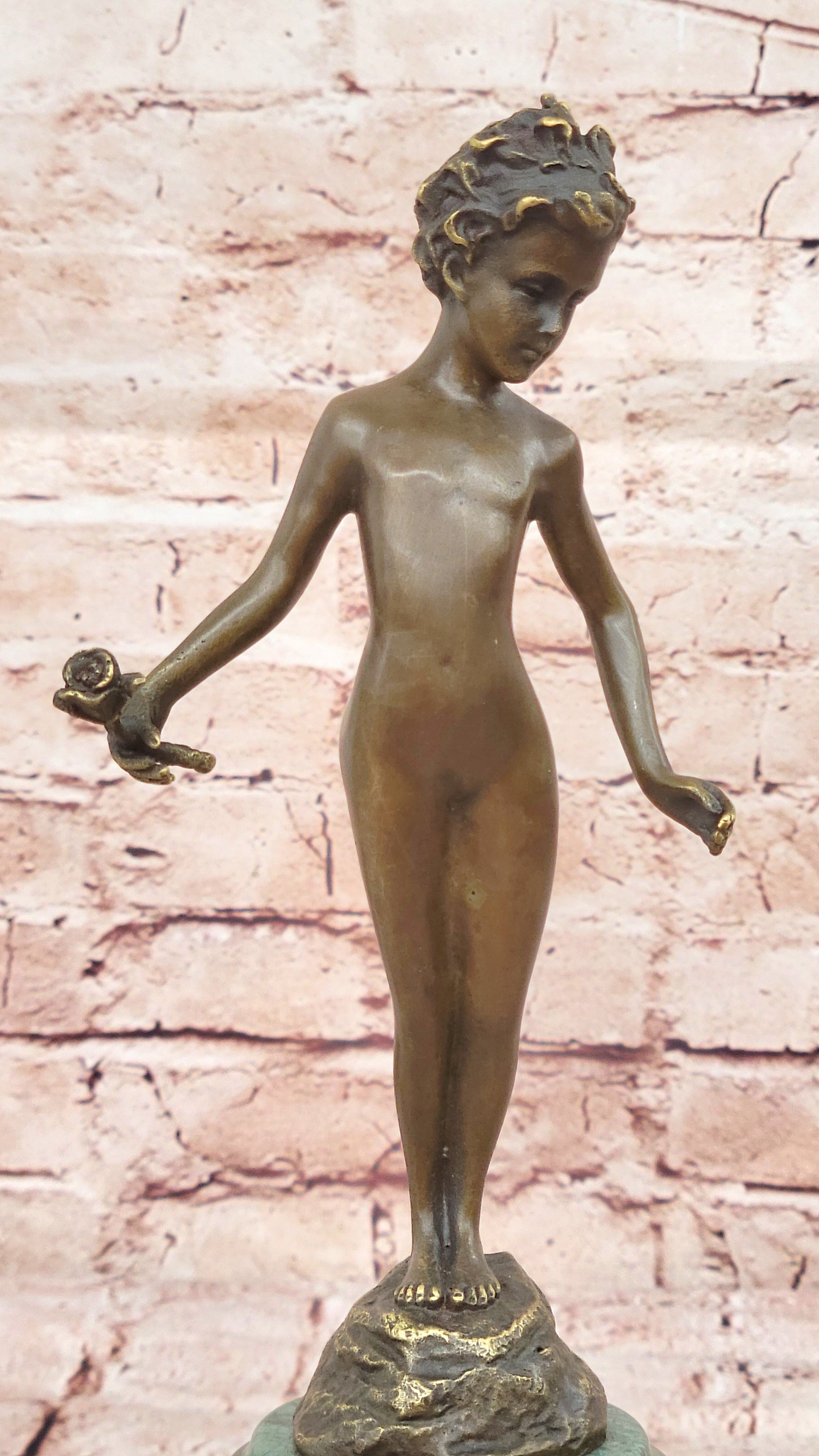 Bronze Sculpture Nude Male Holding Flower Hot Cast Marble Base Figurine Figure