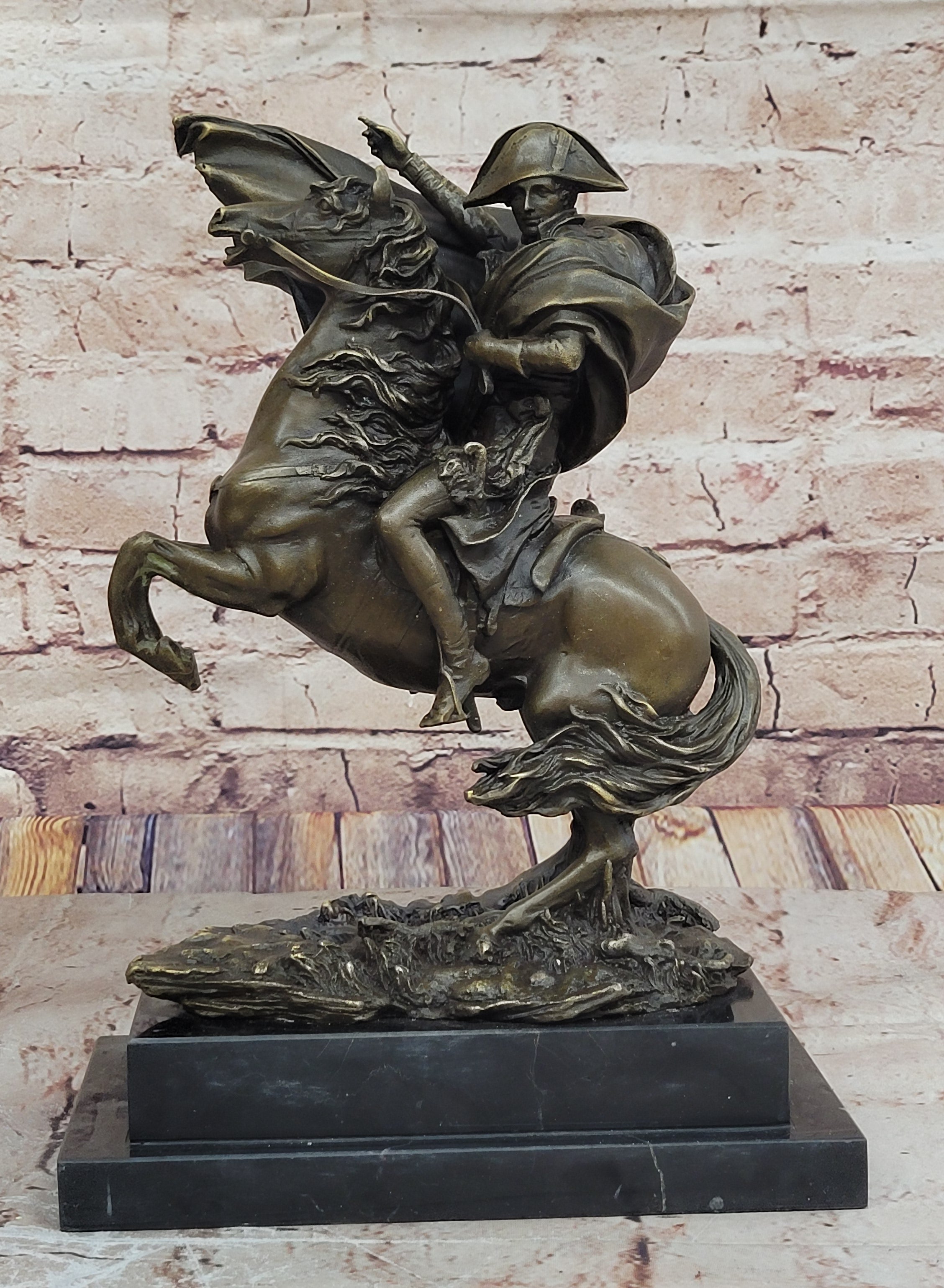 Large Bronze & Marble Sculpture of Napoleon Bonaparte Riding Horse Figure Statue
