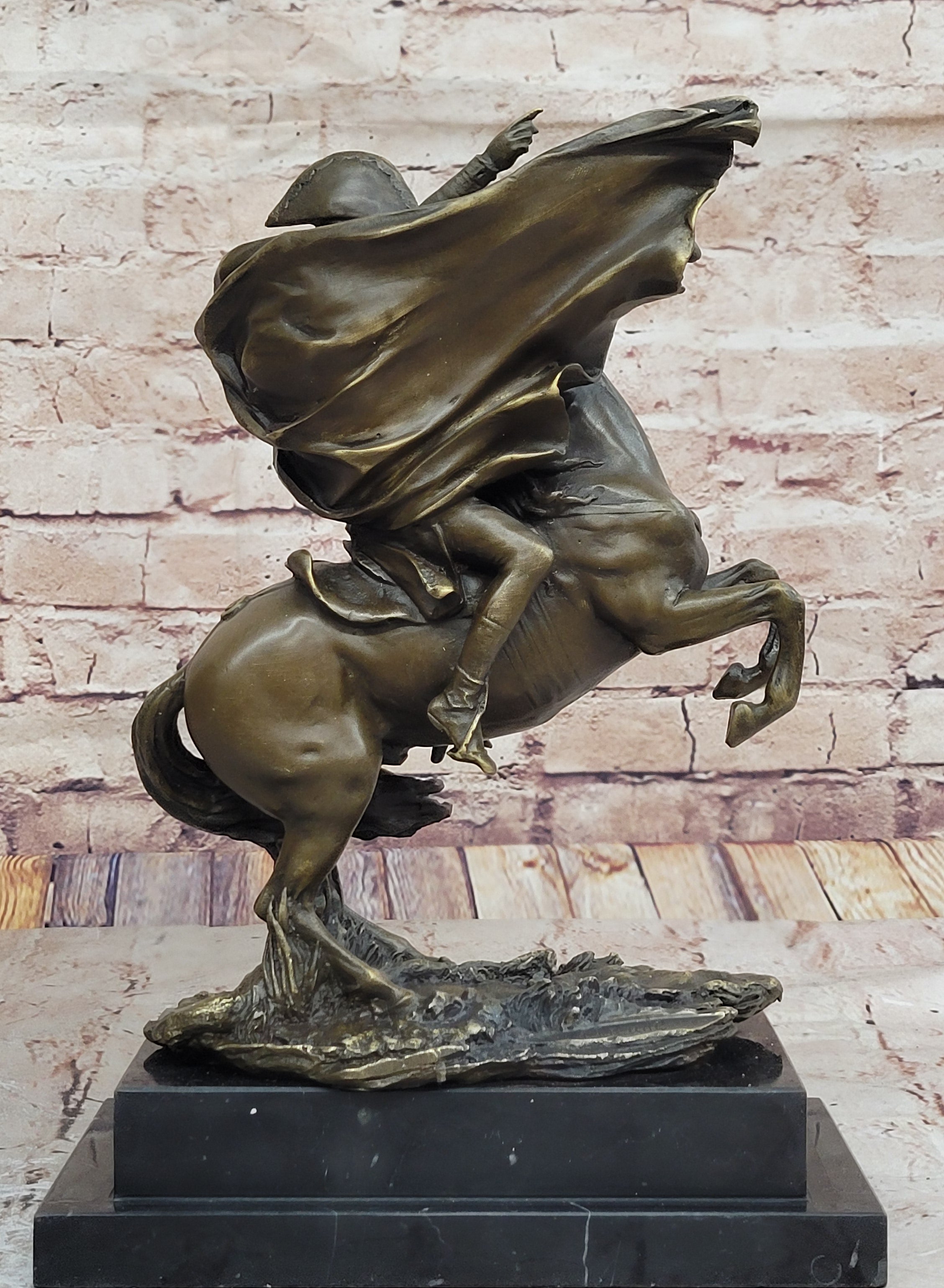 Large Bronze & Marble Sculpture of Napoleon Bonaparte Riding Horse Figure Statue