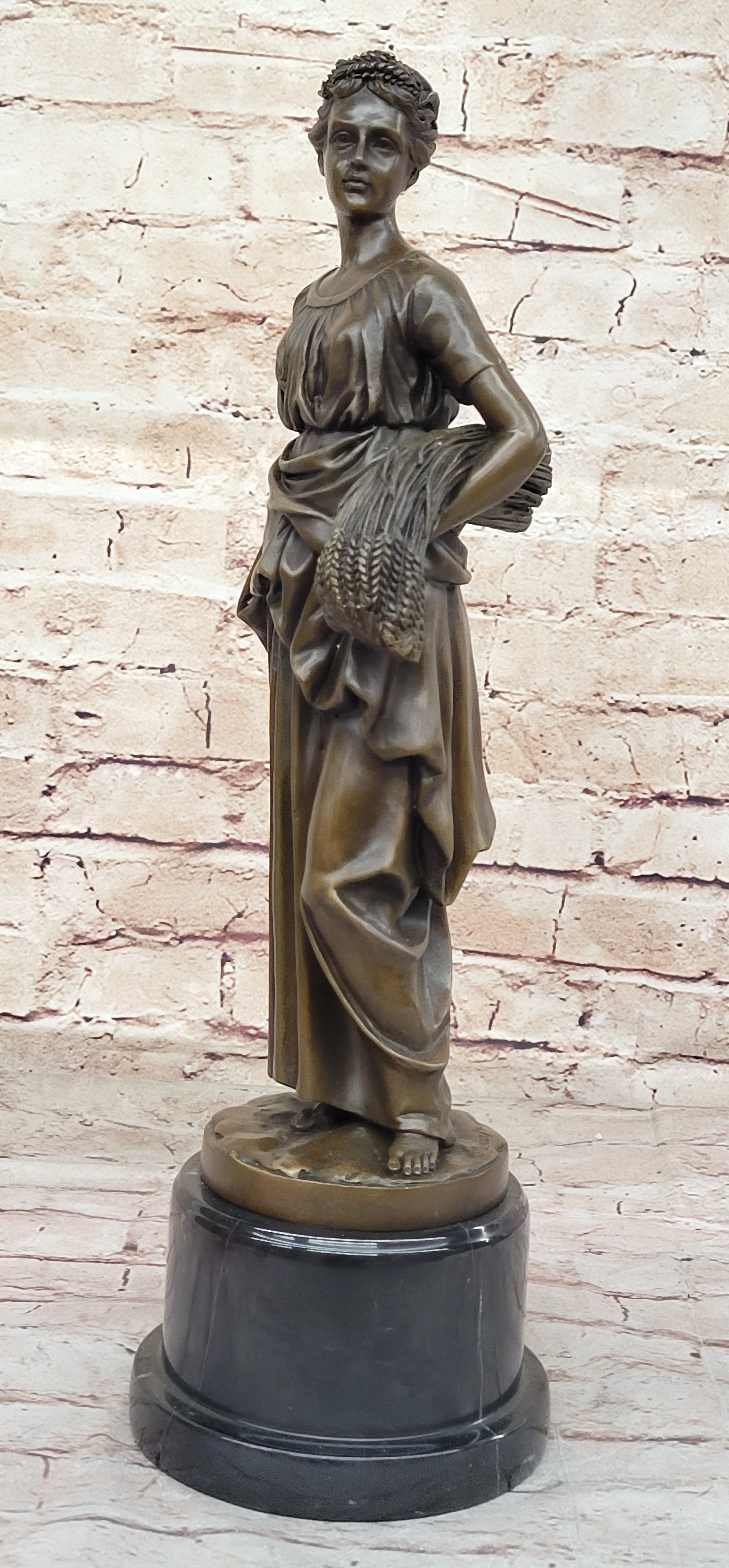 TUSEY FARMER GIRL WHEAT CARRY Handcrafted Art Bronze Sculpture Statue Figurine