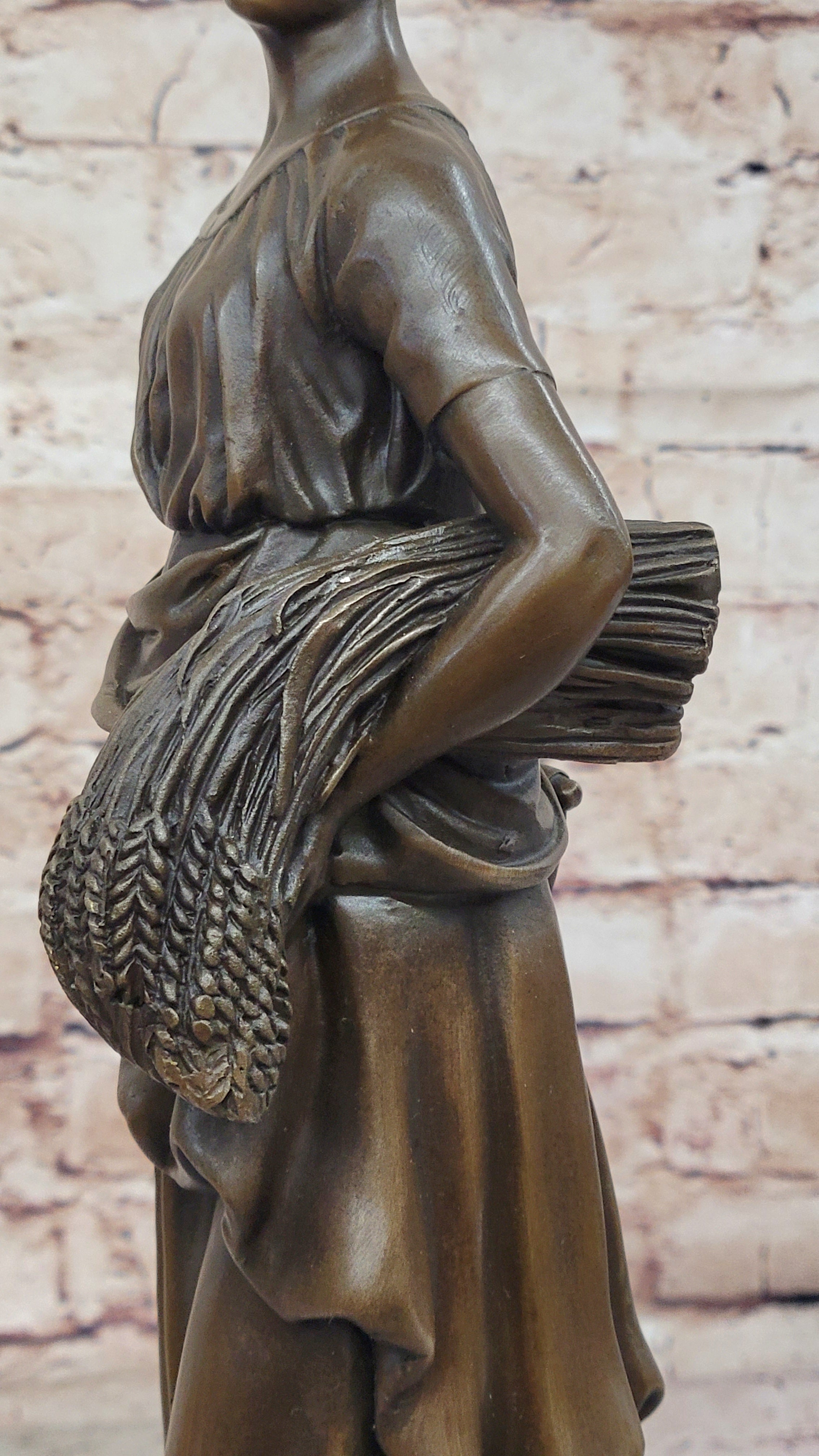 TUSEY FARMER GIRL WHEAT CARRY Handcrafted Art Bronze Sculpture Statue Figurine