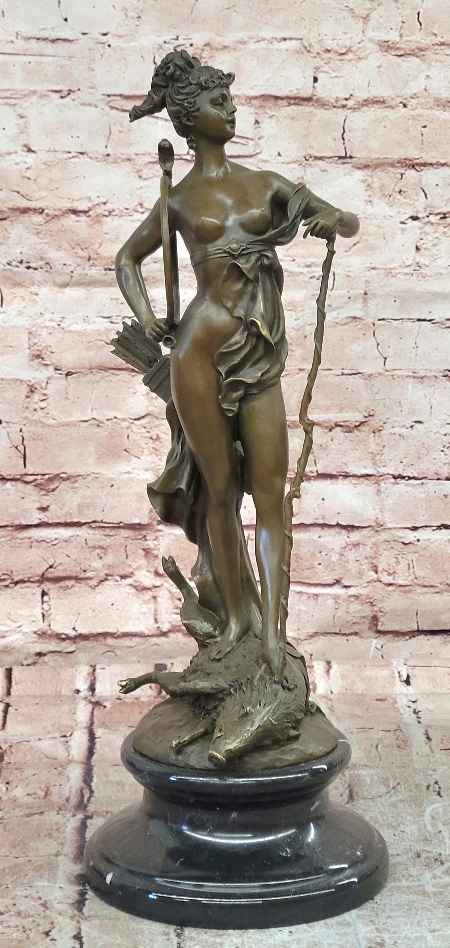 Roman Diana Hunt Goddess Bronze Statue Boar Sculpture Fine Art Decor Collectible