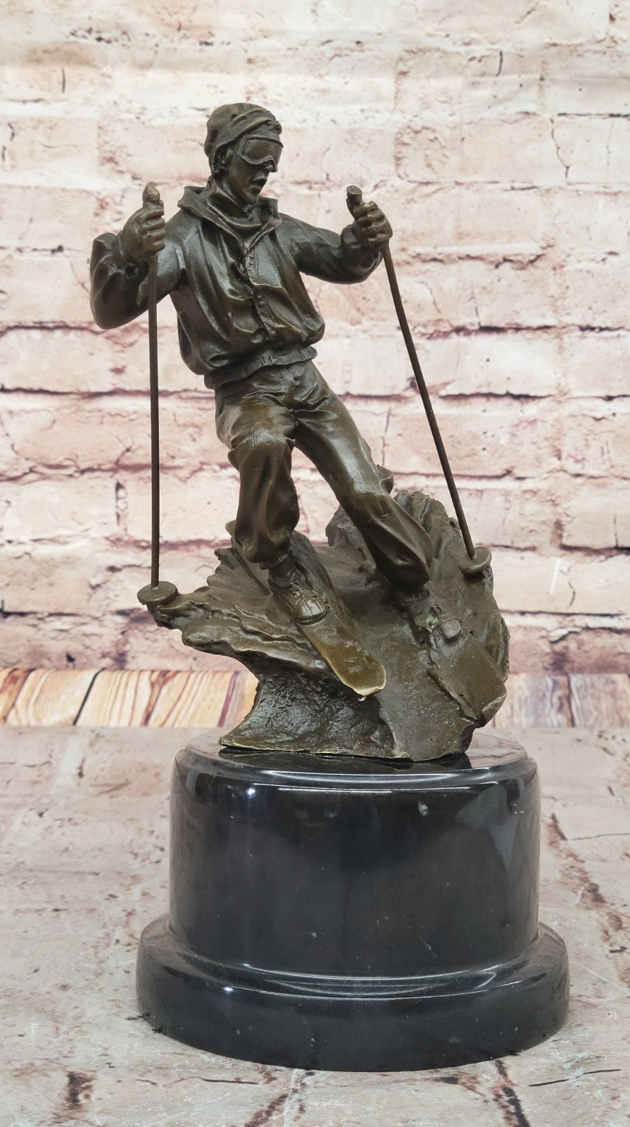 Signed: NICK Bronze Sculpture skier men skiiing snow ski sports Statue Figurine