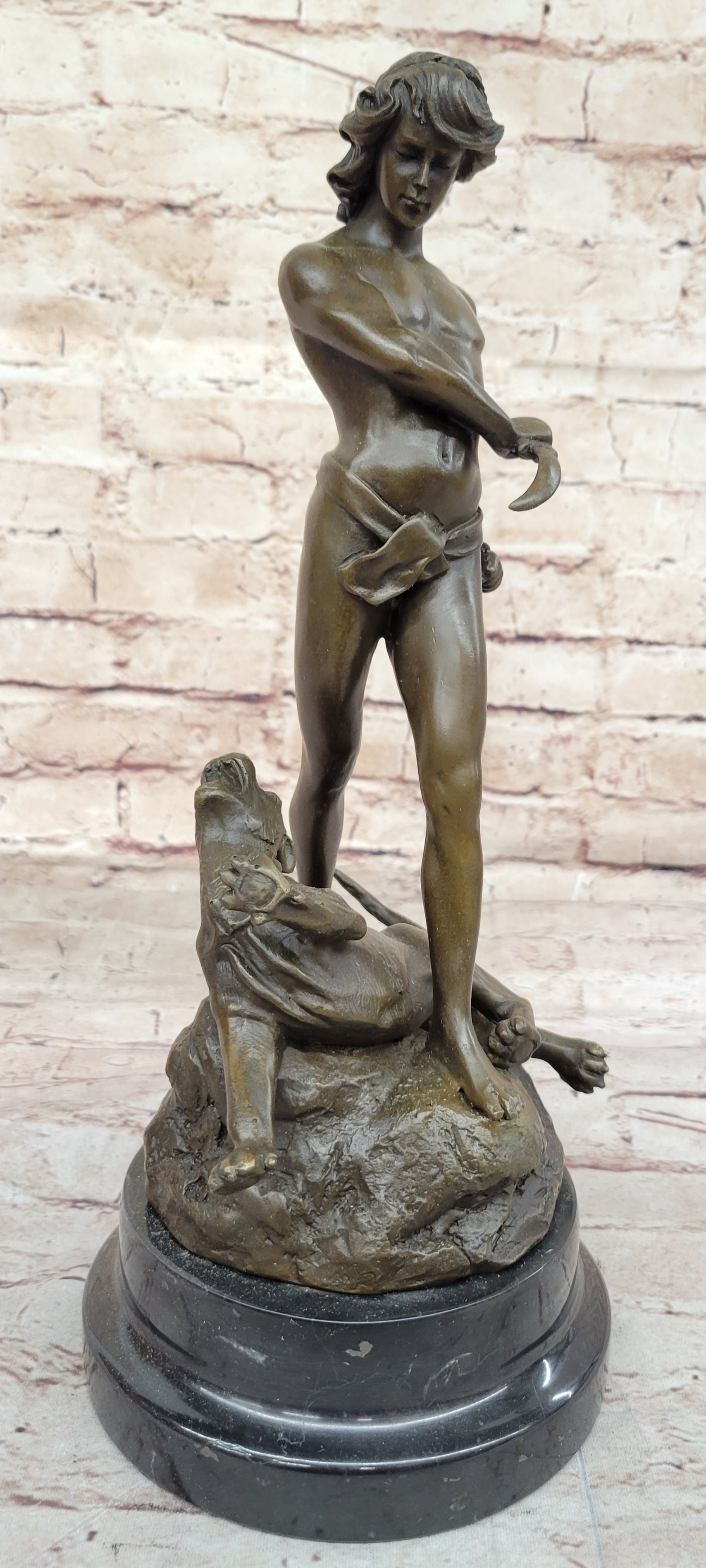 The lion slayer by Loys Potet Art Deco Nude Young Tarzan With Cougar Bronze Sale