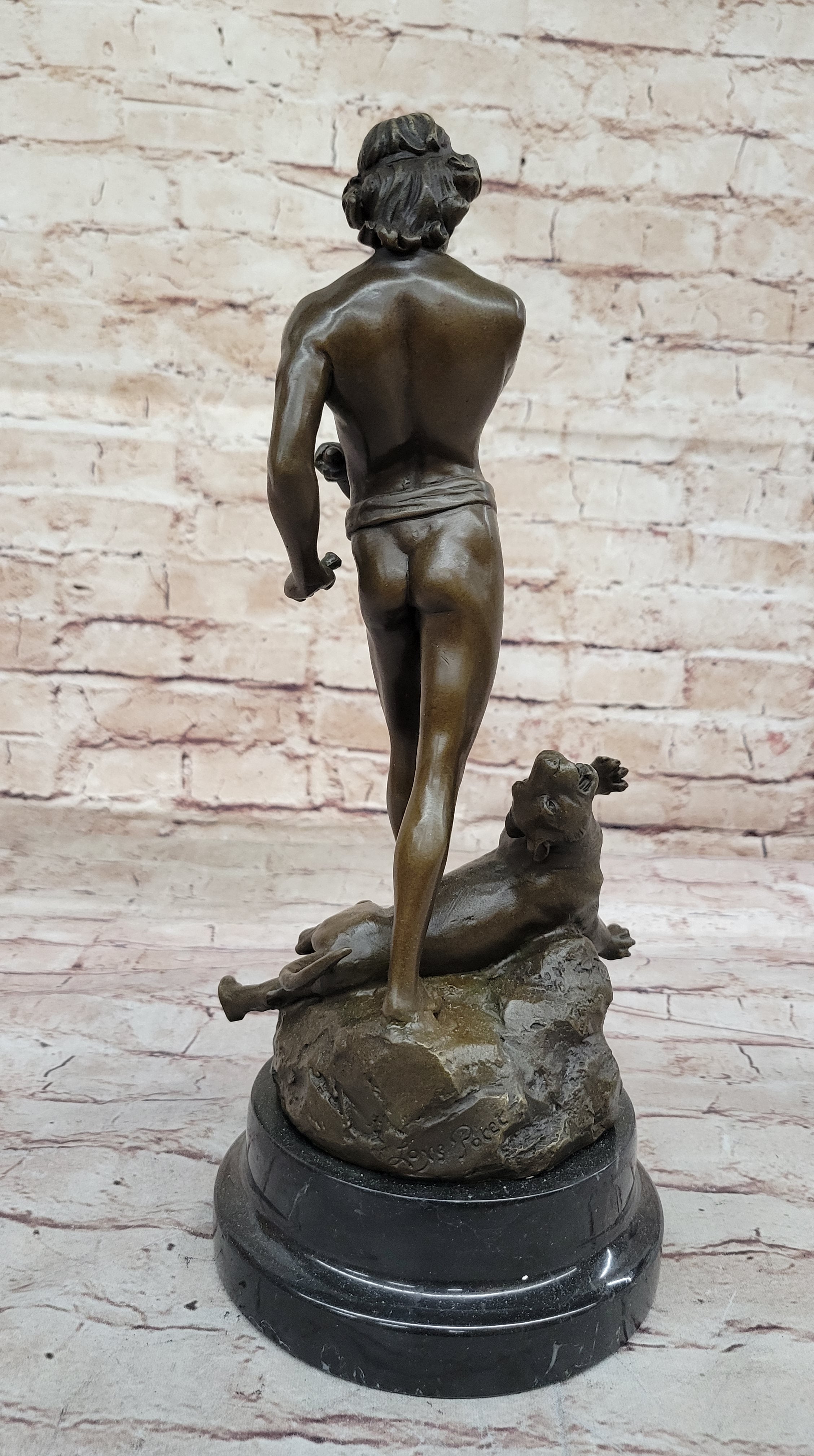 The lion slayer by Loys Potet Art Deco Nude Young Tarzan With Cougar Bronze Sale