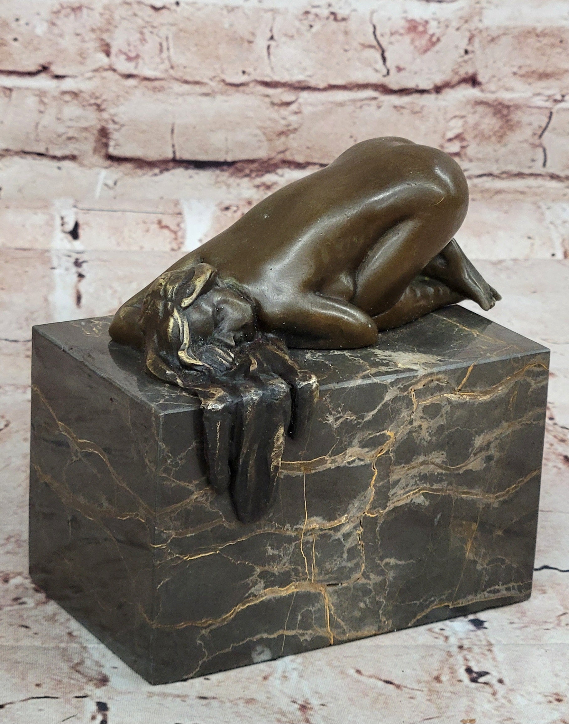EROTIC BRONZE ART STATUE NAKED LADY FIGURINE NUDE FEMALE SCULPTURE MARBLE BASE