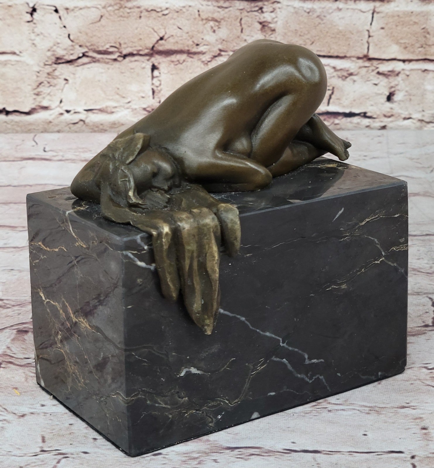 EROTIC BRONZE ART STATUE NAKED LADY FIGURINE NUDE FEMALE SCULPTURE MARBLE BASE
