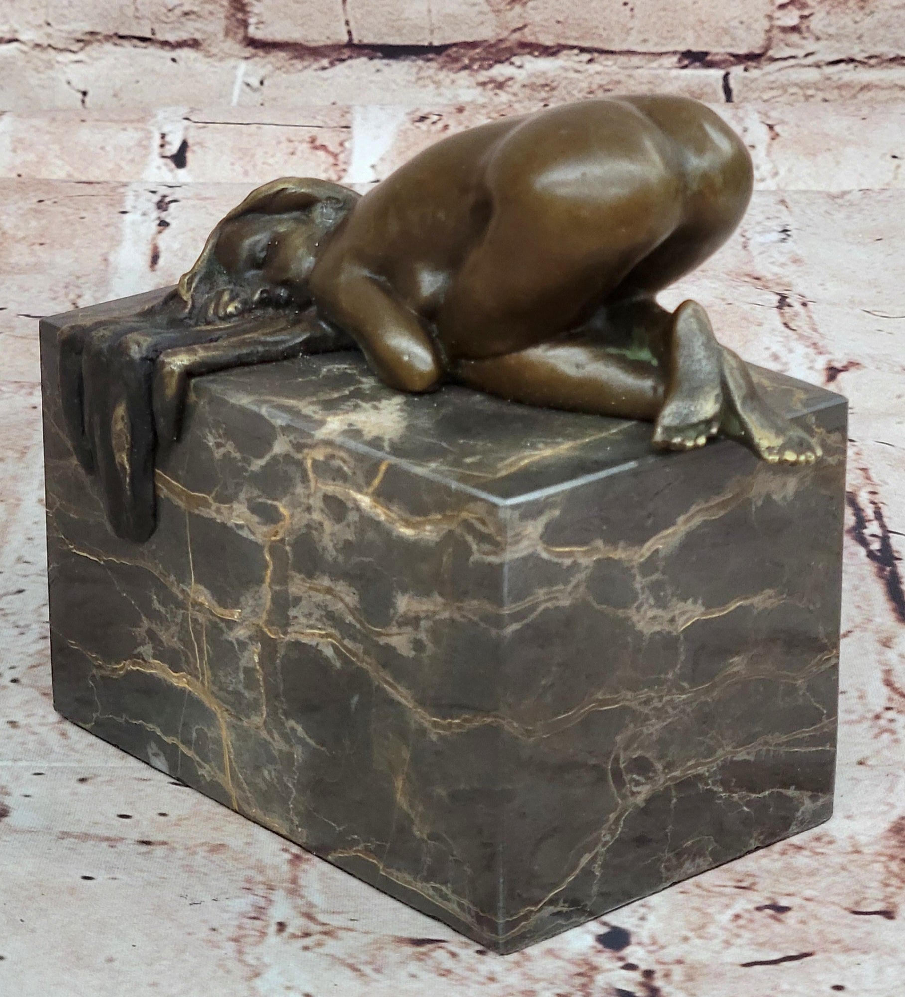 EROTIC BRONZE ART STATUE NAKED LADY FIGURINE NUDE FEMALE SCULPTURE MARBLE BASE