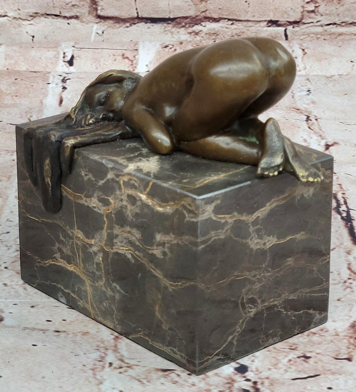 EROTIC BRONZE ART STATUE NAKED LADY FIGURINE NUDE FEMALE SCULPTURE MARBLE BASE