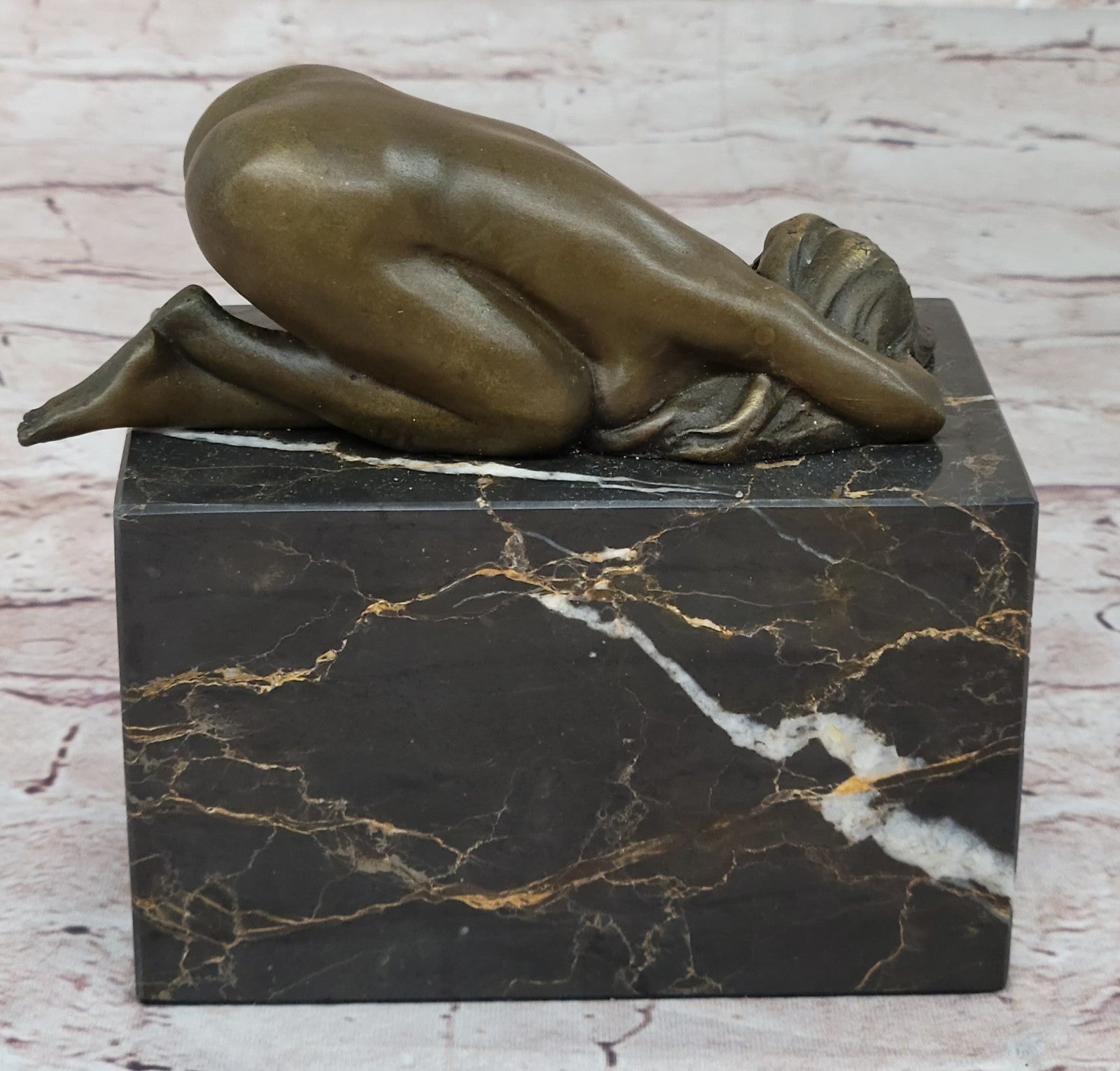 EROTIC BRONZE ART STATUE NAKED LADY FIGURINE NUDE FEMALE SCULPTURE MARBLE BASE