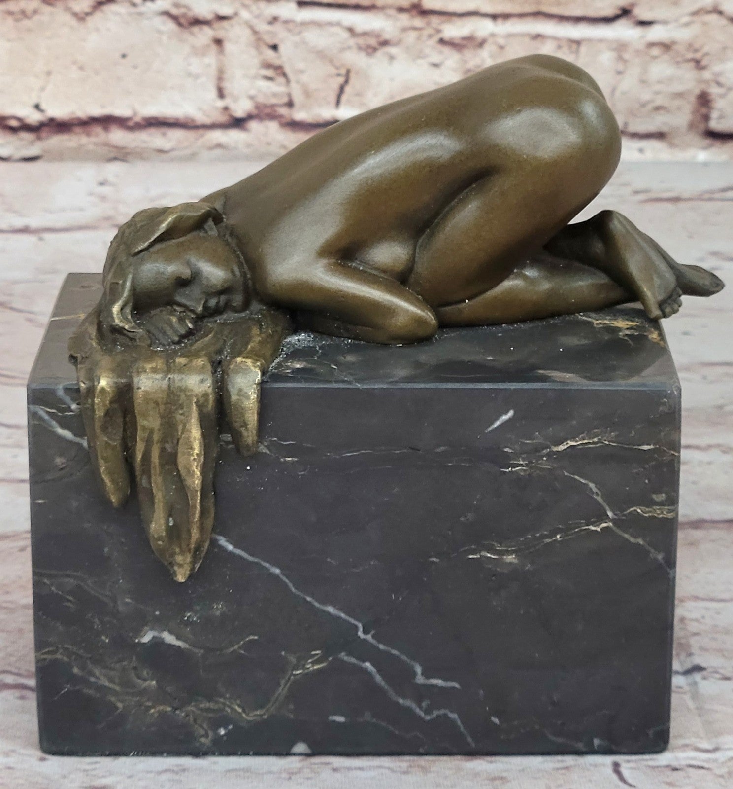 EROTIC BRONZE ART STATUE NAKED LADY FIGURINE NUDE FEMALE SCULPTURE MARBLE BASE