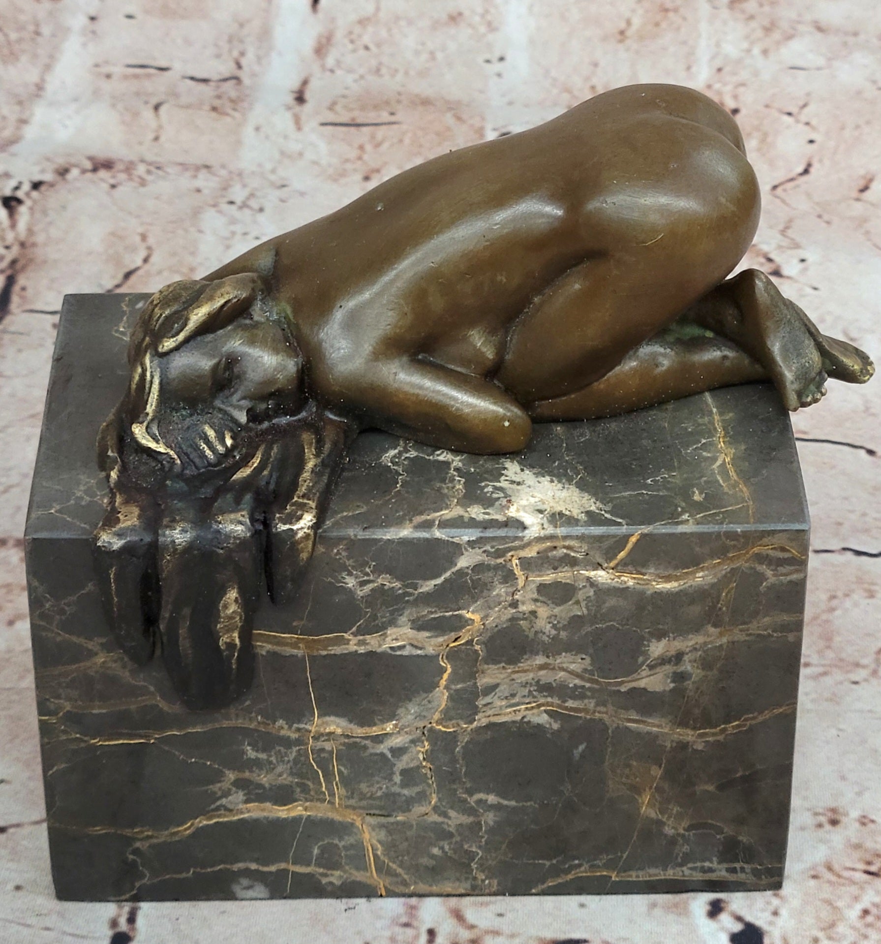 EROTIC BRONZE ART STATUE NAKED LADY FIGURINE NUDE FEMALE SCULPTURE MARBLE BASE