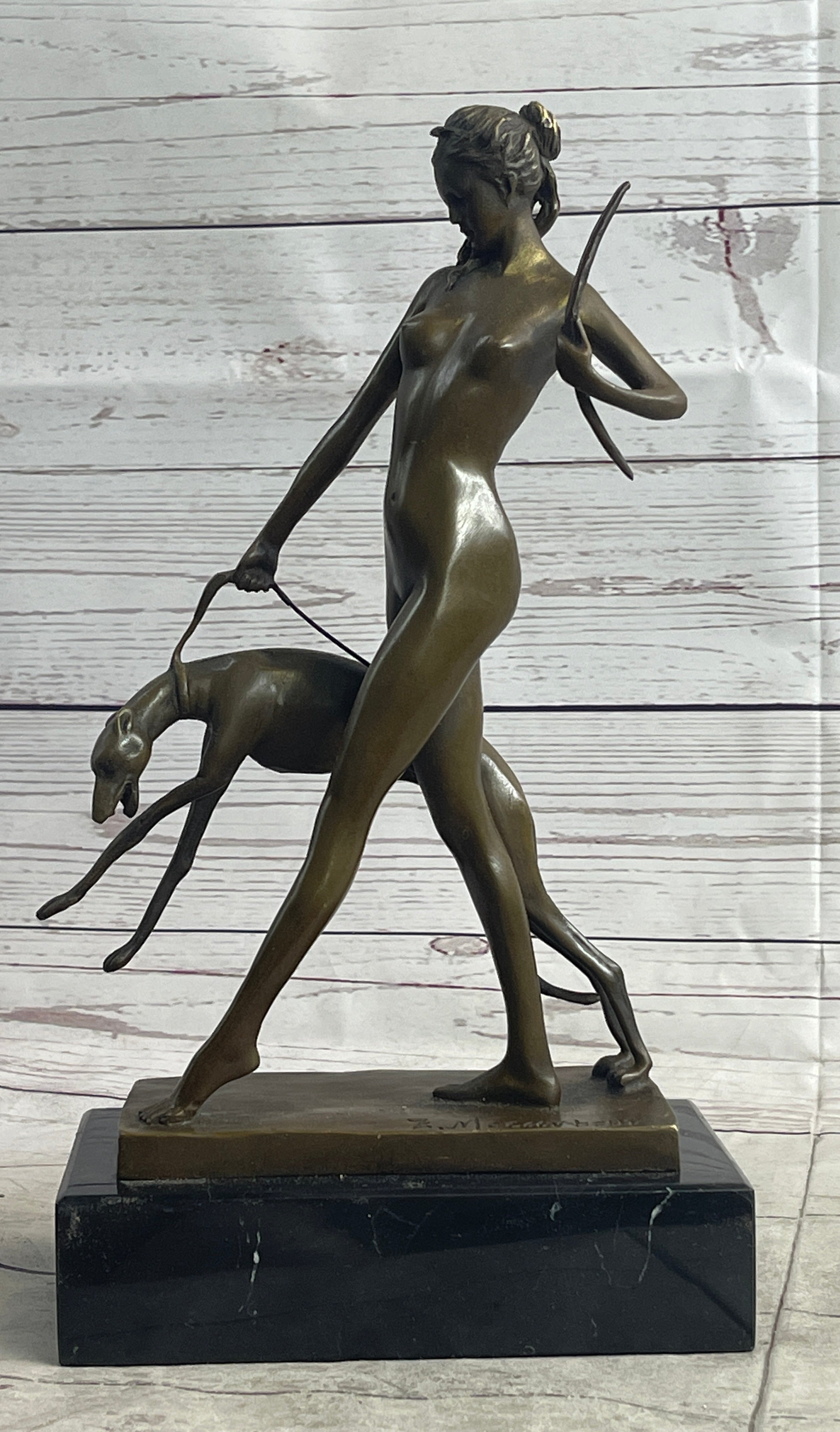 Signed Cast Bronze Diana The Huntress Art Deco Nude Sculpture Statue Mythical NR