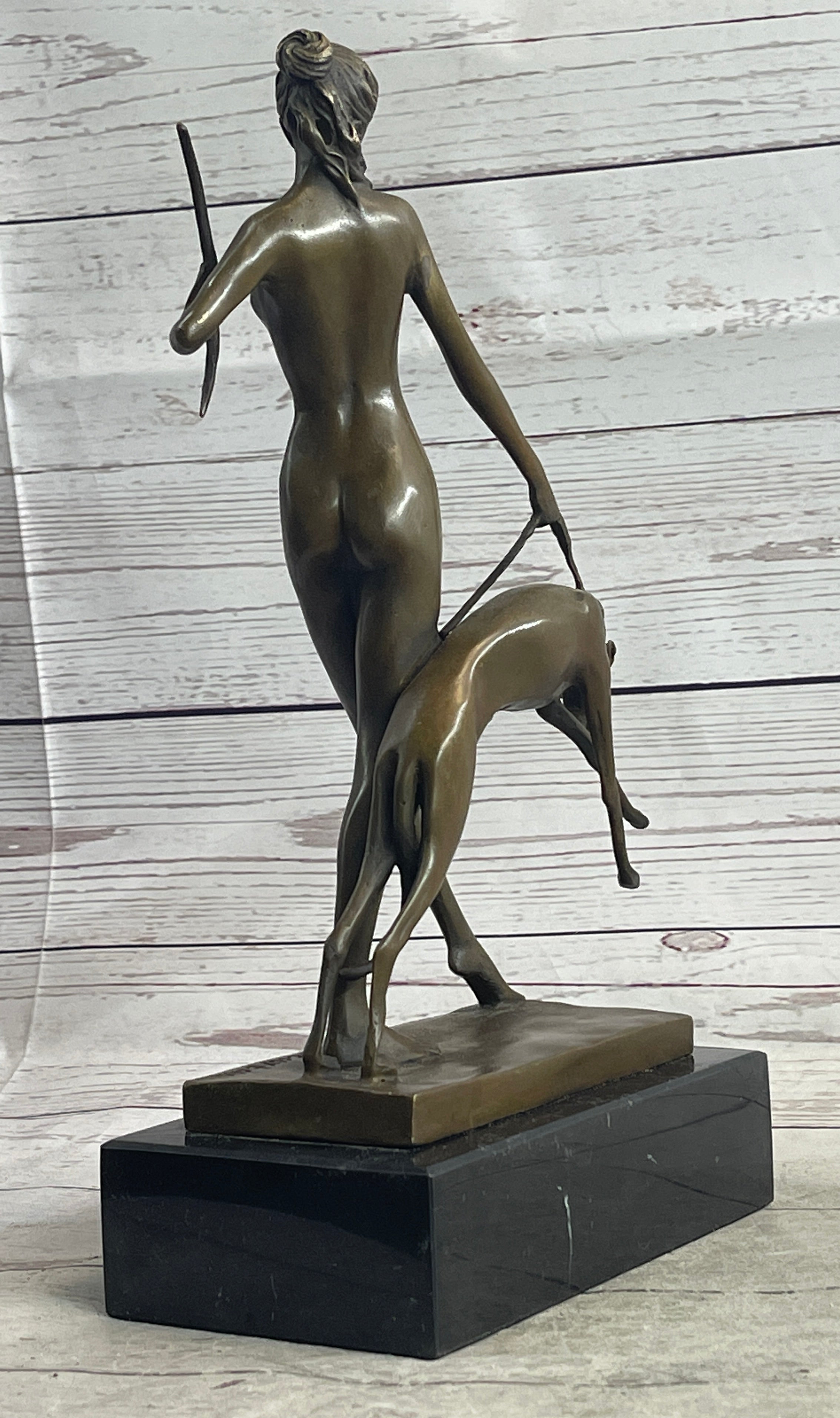 Signed Cast Bronze Diana The Huntress Art Deco Nude Sculpture Statue Mythical NR