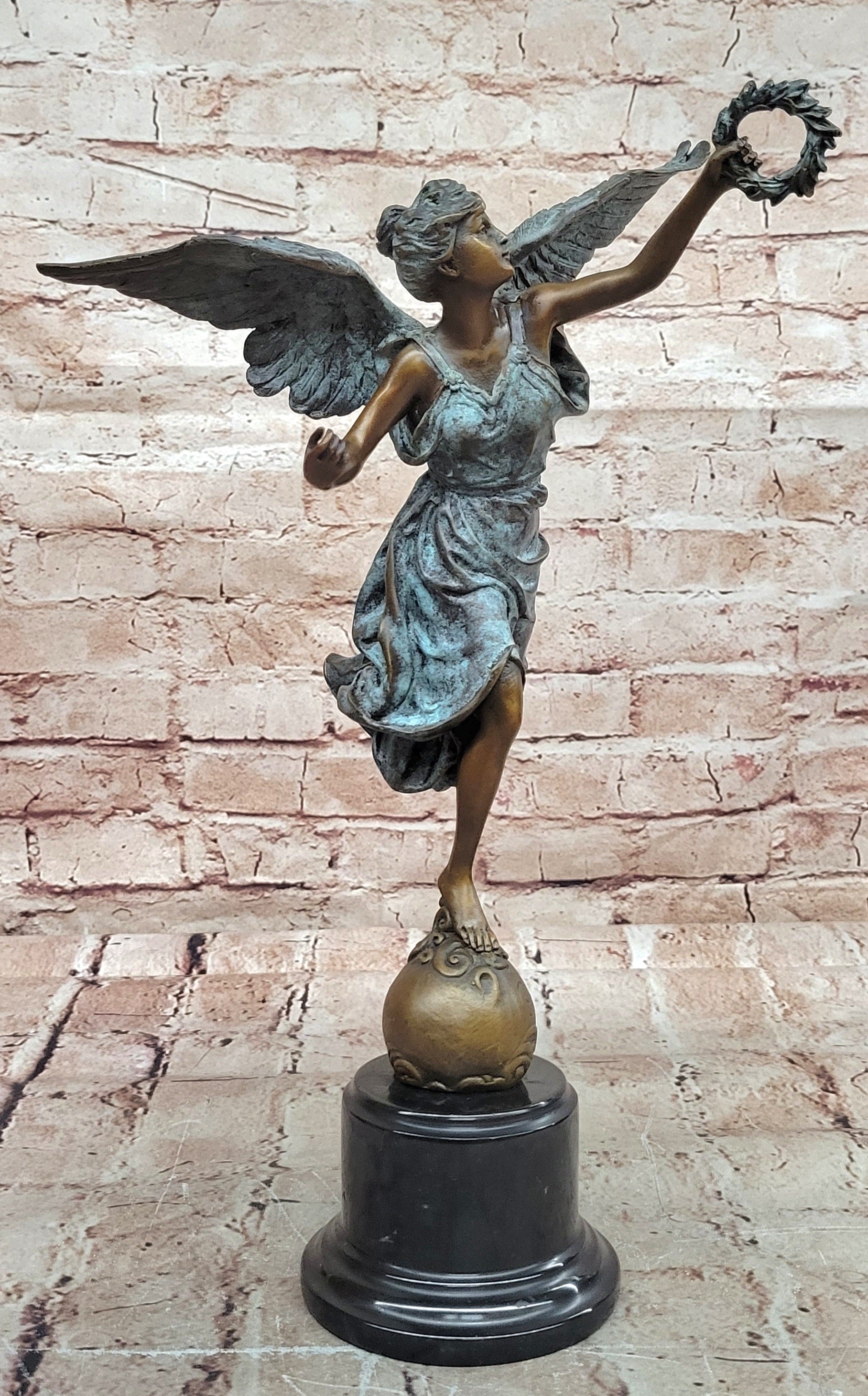 Classic Bronze Winged Victory Nike Sculpture Laurel Wreath Marble Statue