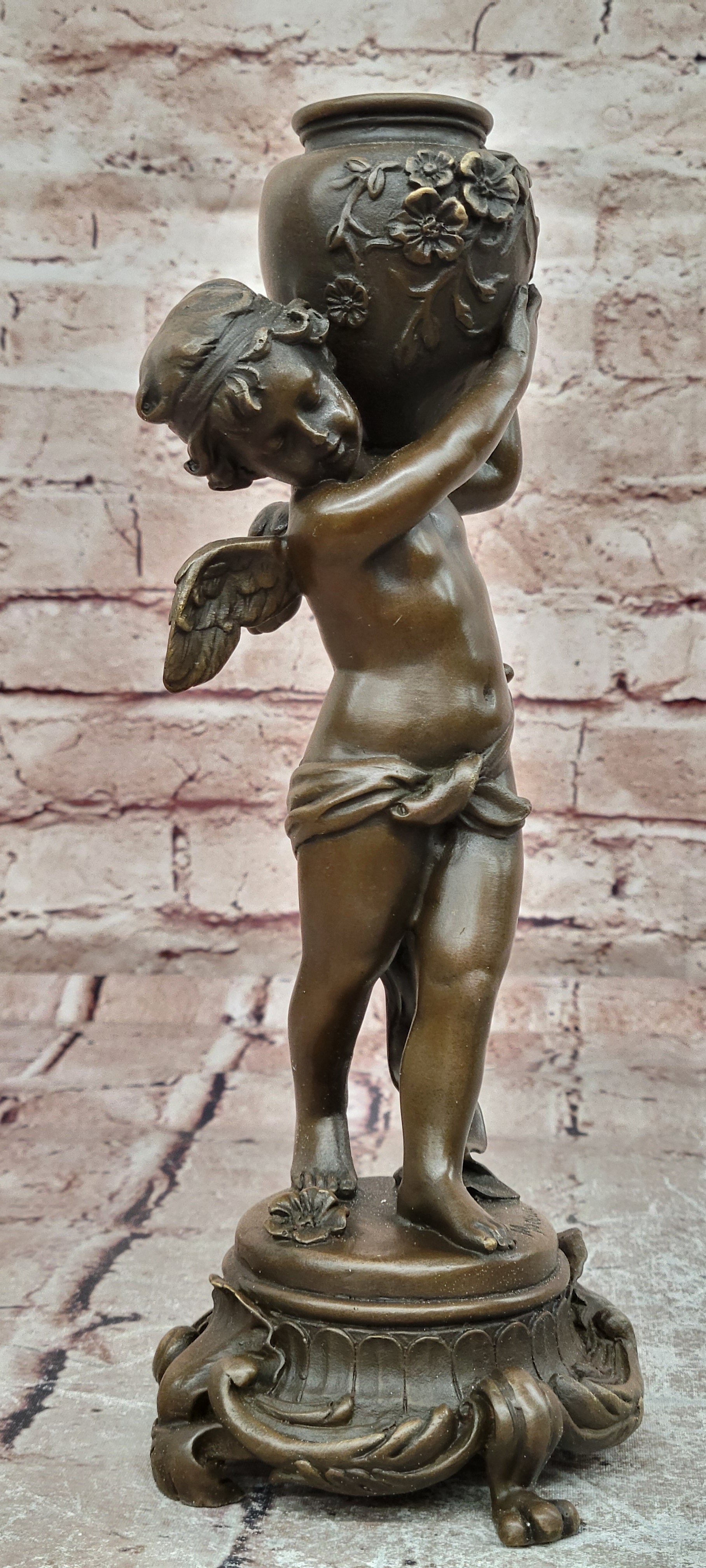 Signed Moreau Bronze Baby Angel Cherub Holding Vase Hot Cast Collectible Art