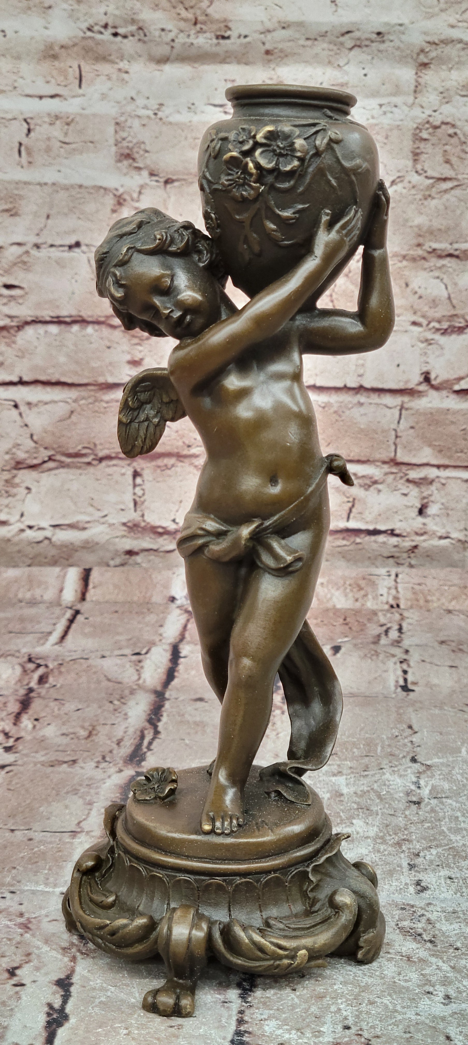 Signed Moreau Bronze Baby Angel Cherub Holding Vase Hot Cast Collectible Art
