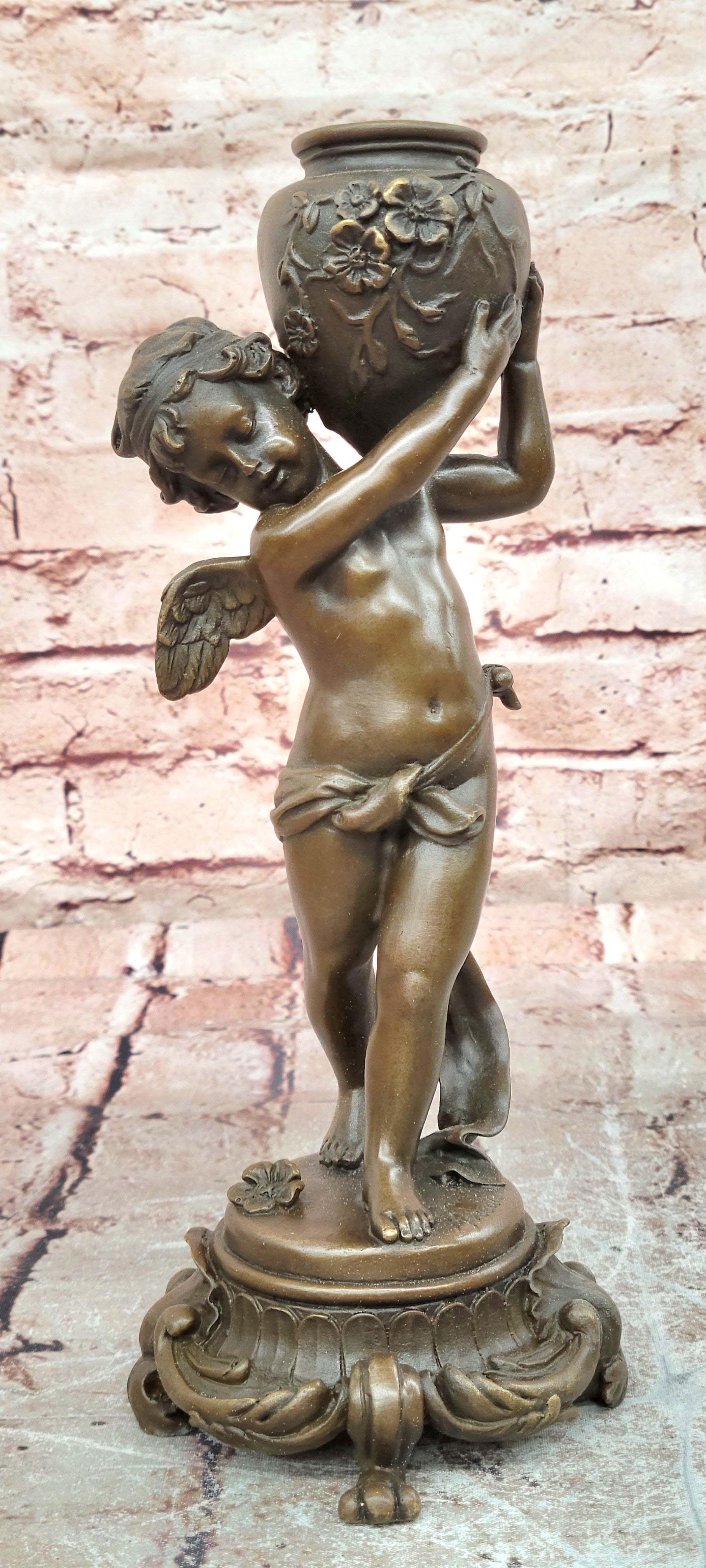Signed Moreau Bronze Baby Angel Cherub Holding Vase Hot Cast Collectible Art