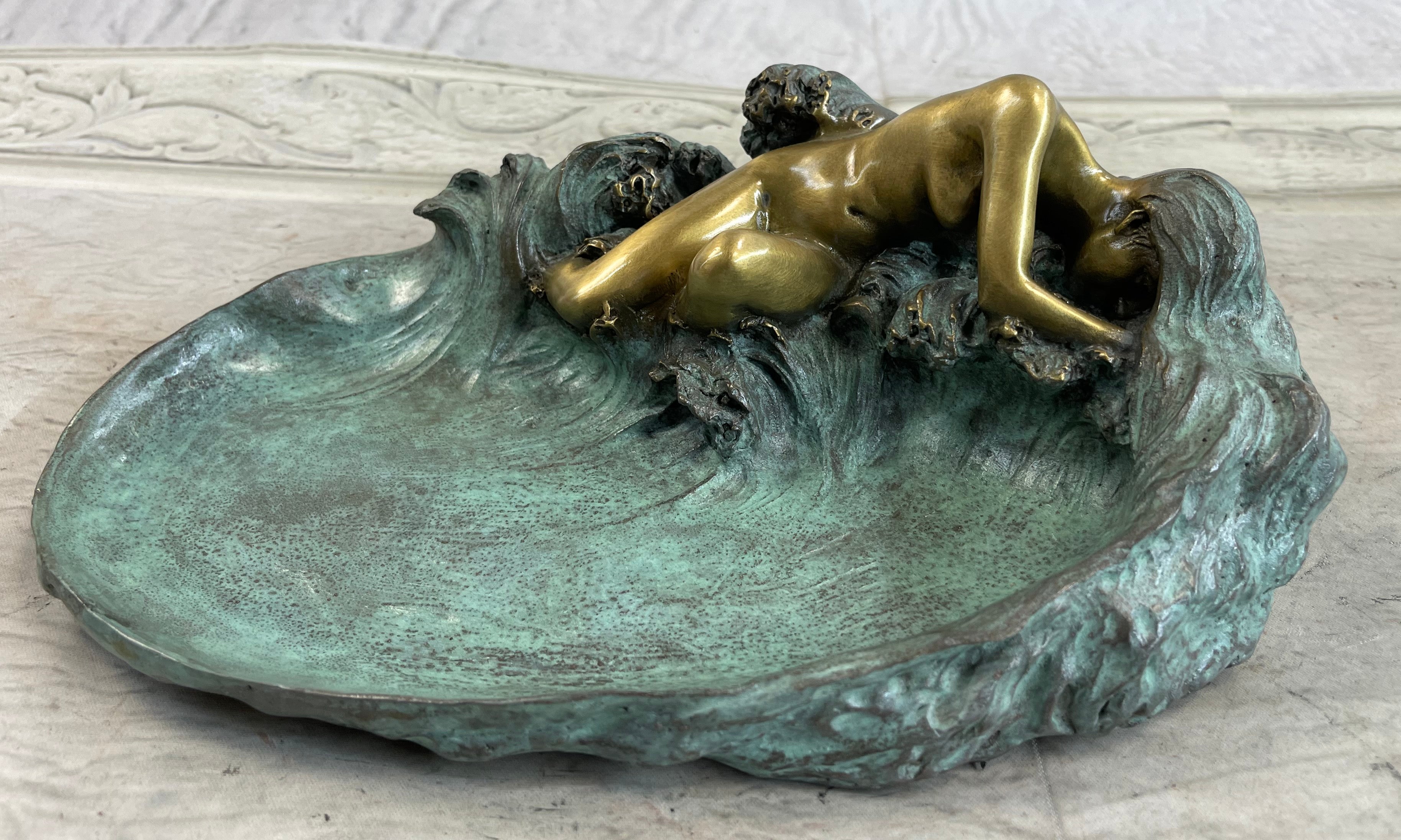 European Bronze Sculpture ART Nouveau Lady Lotus Jewelry Dish Green Patina Sale