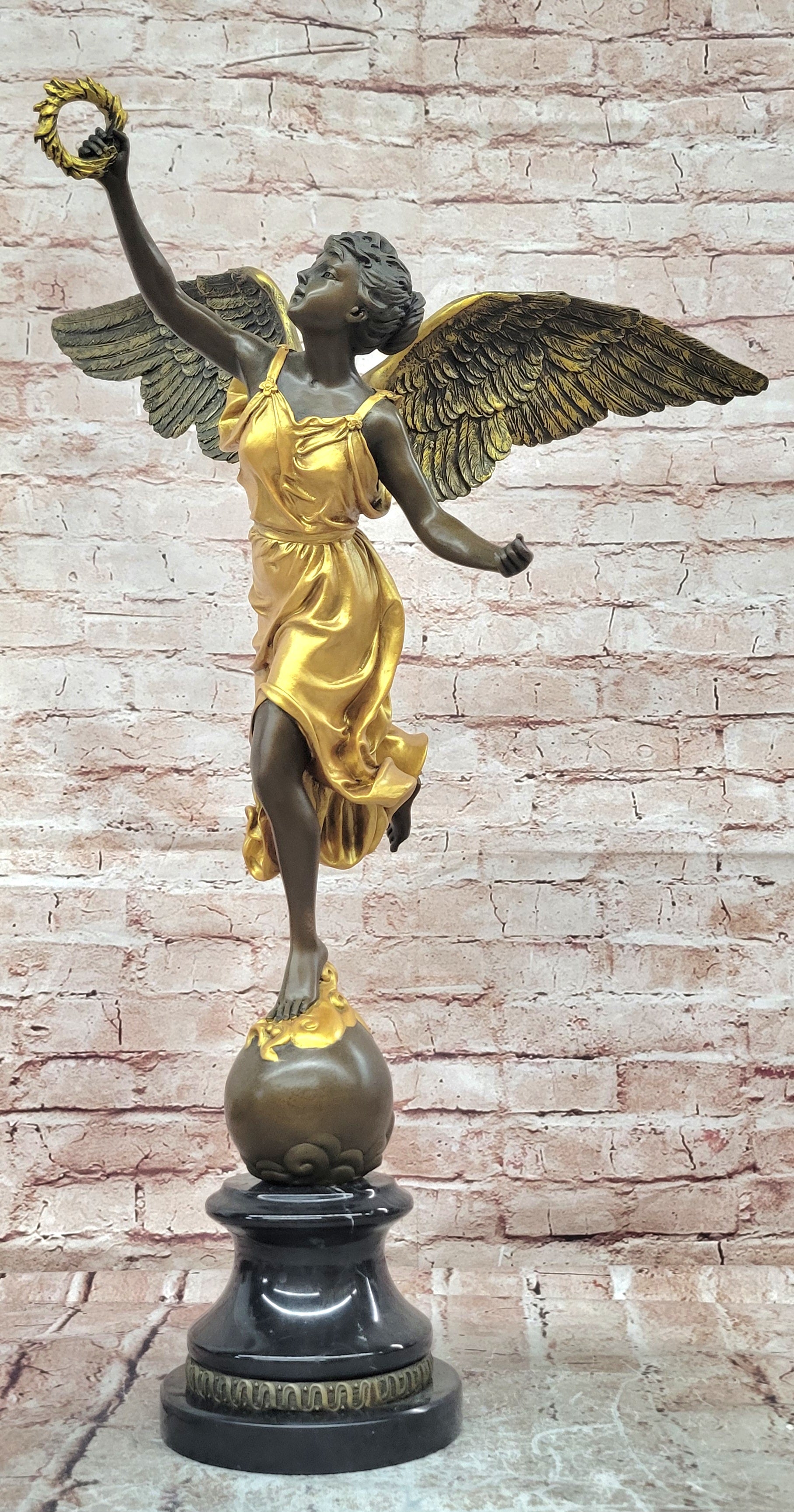 Bronze Winged Victory Goddess Sculpture Art Deco Gold Accent Figurine Decor