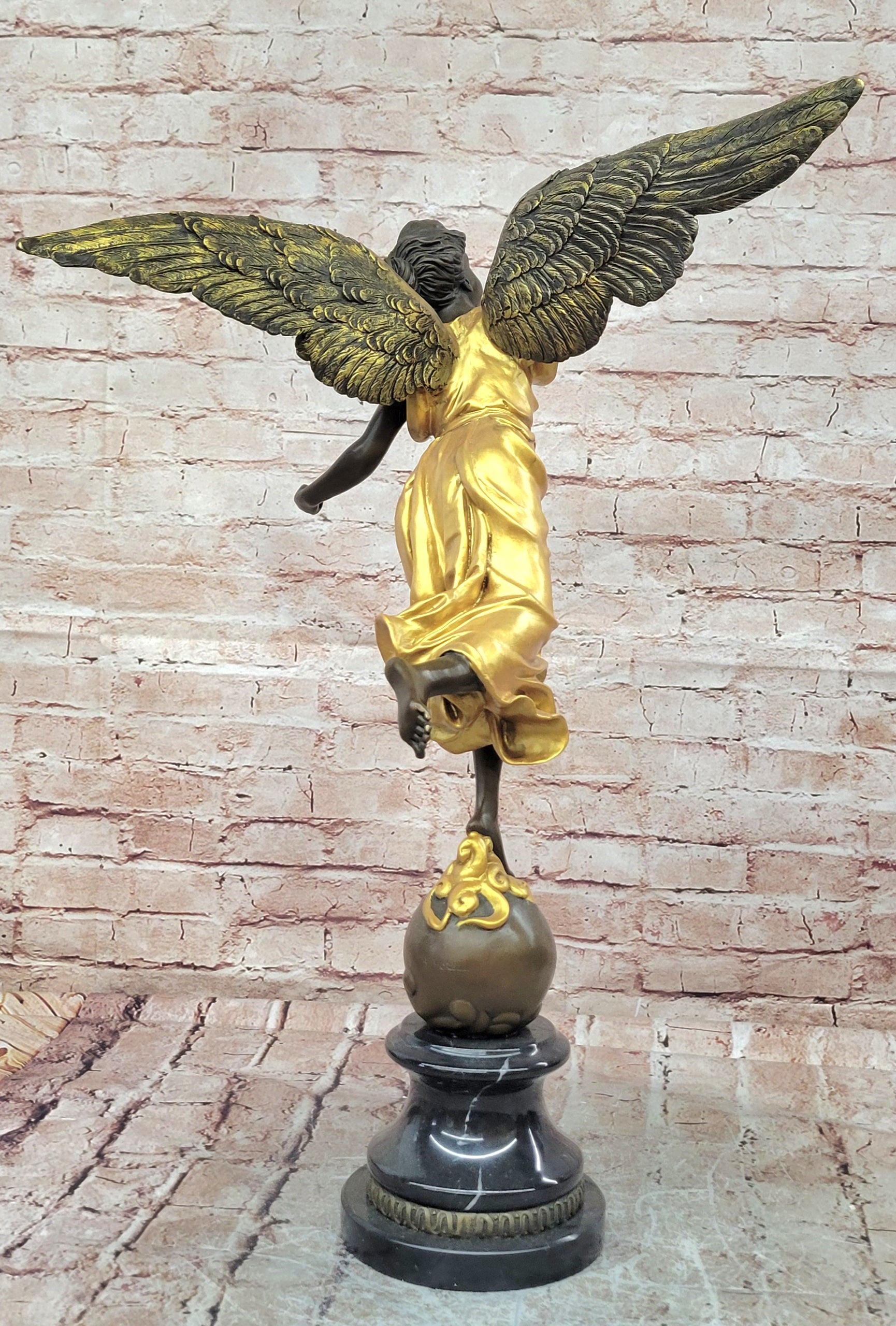 Bronze Winged Victory Goddess Sculpture Art Deco Gold Accent Figurine Decor