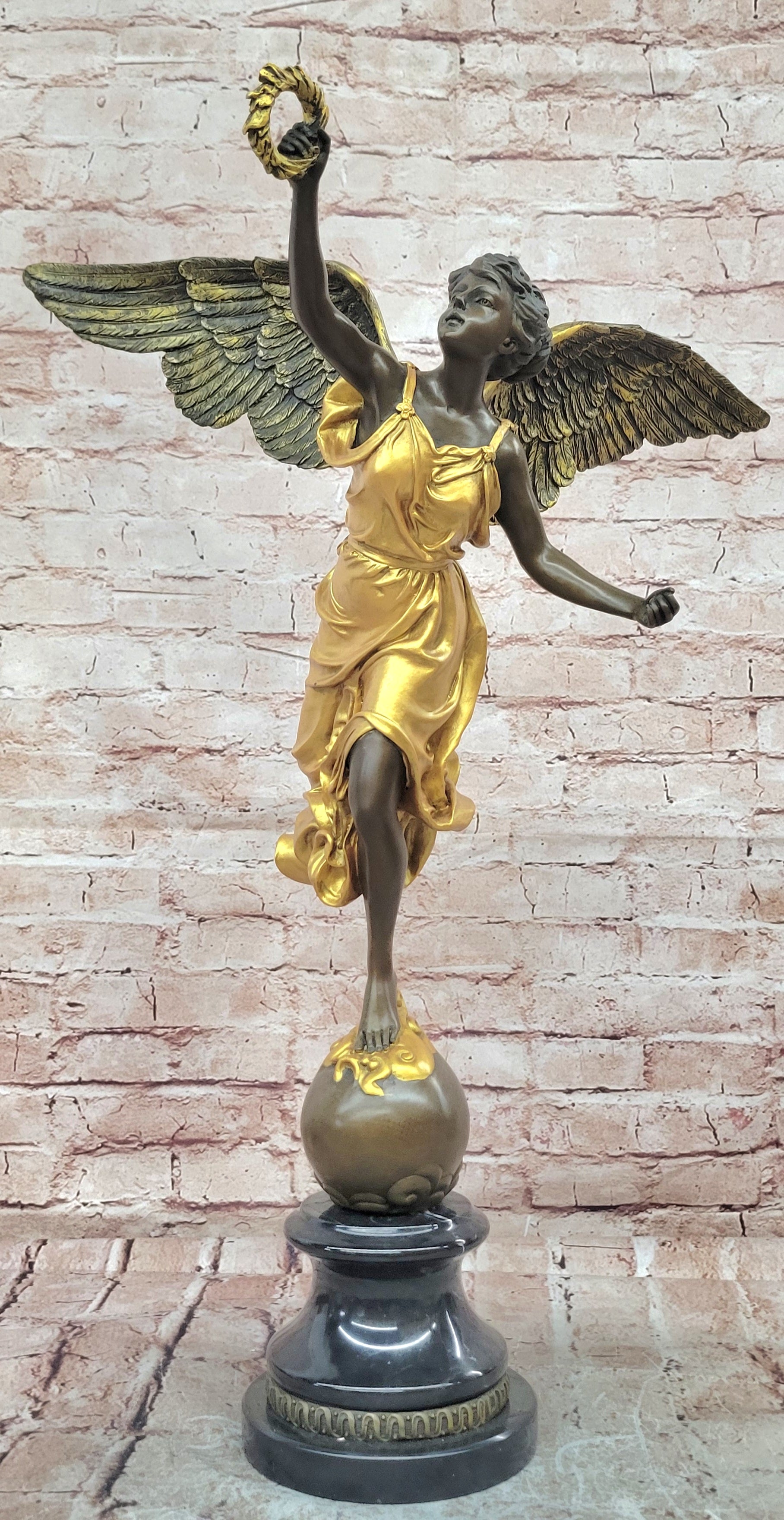 Bronze Winged Victory Goddess Sculpture Art Deco Gold Accent Figurine Decor
