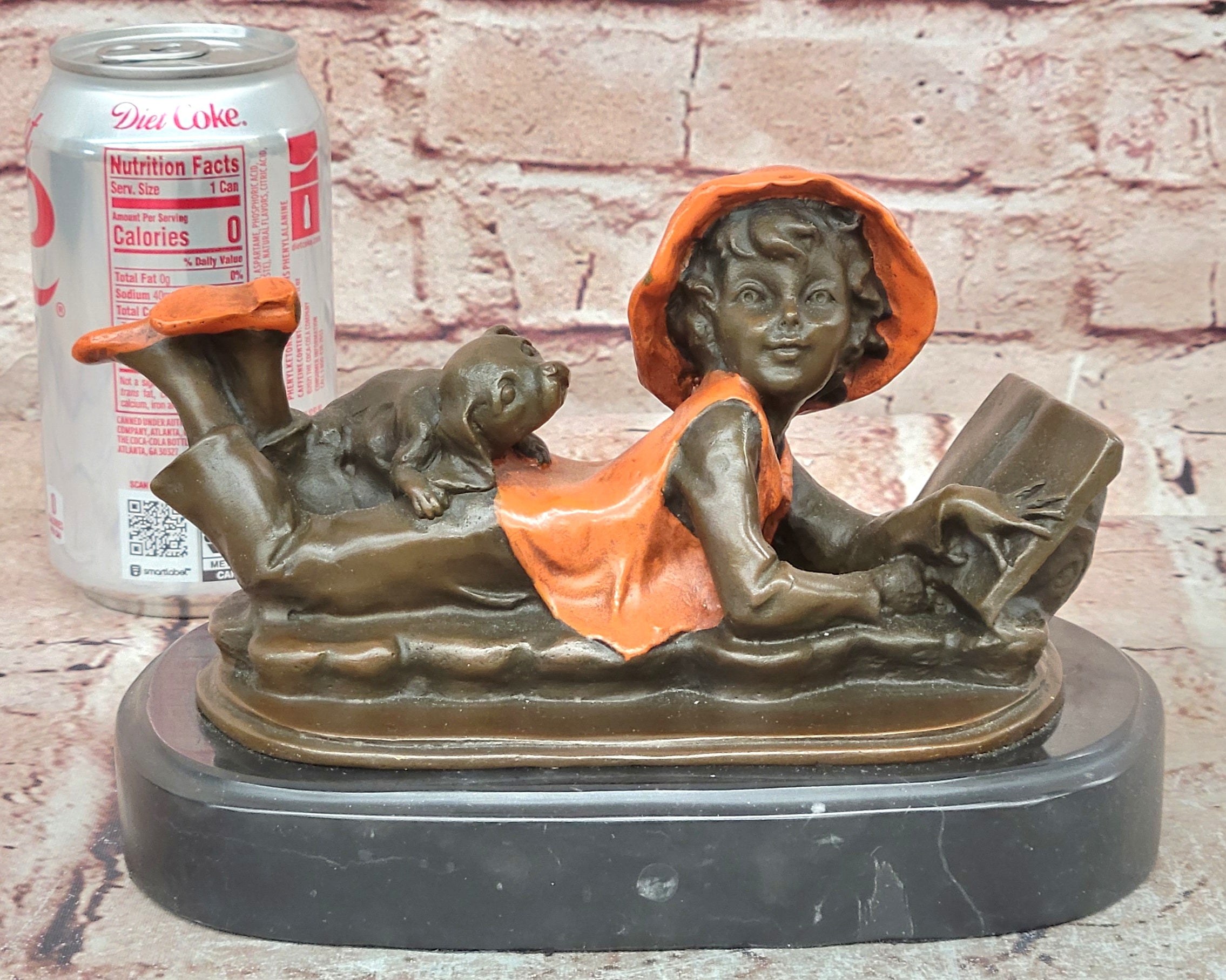 Vintage Bronze Statue Figure Sculpture Girl Reading Book Marble Base Artwork Gift