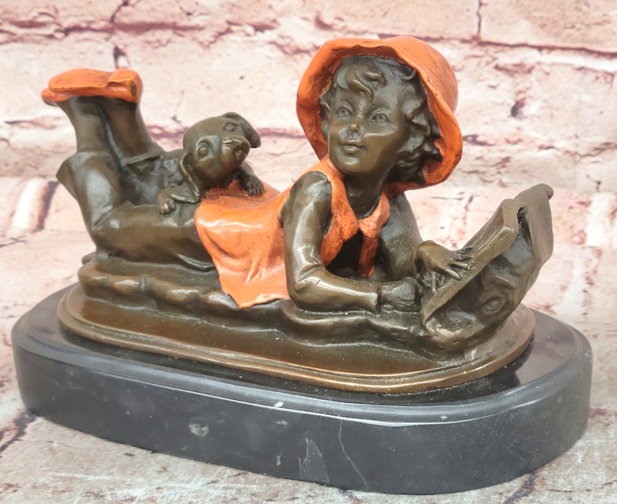 Vintage Bronze Statue Figure Sculpture Girl Reading Book Marble Base Artwork Gift