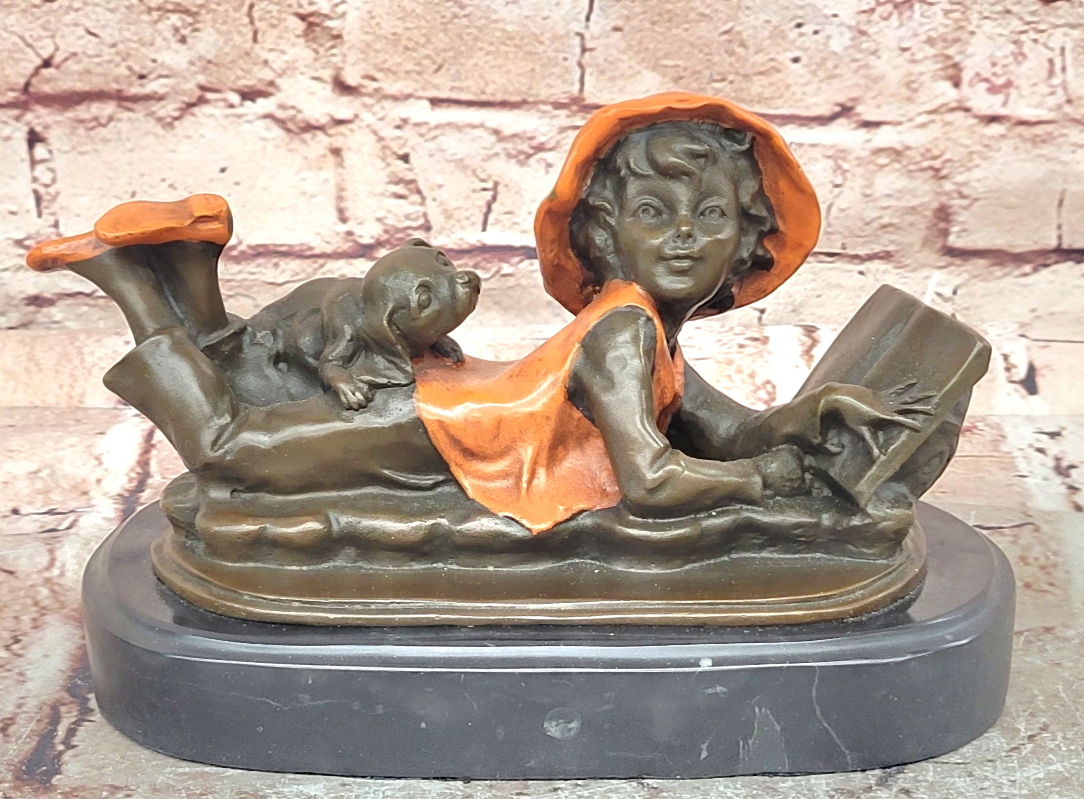 Vintage Bronze Statue Figure Sculpture Girl Reading Book Marble Base Artwork Gift