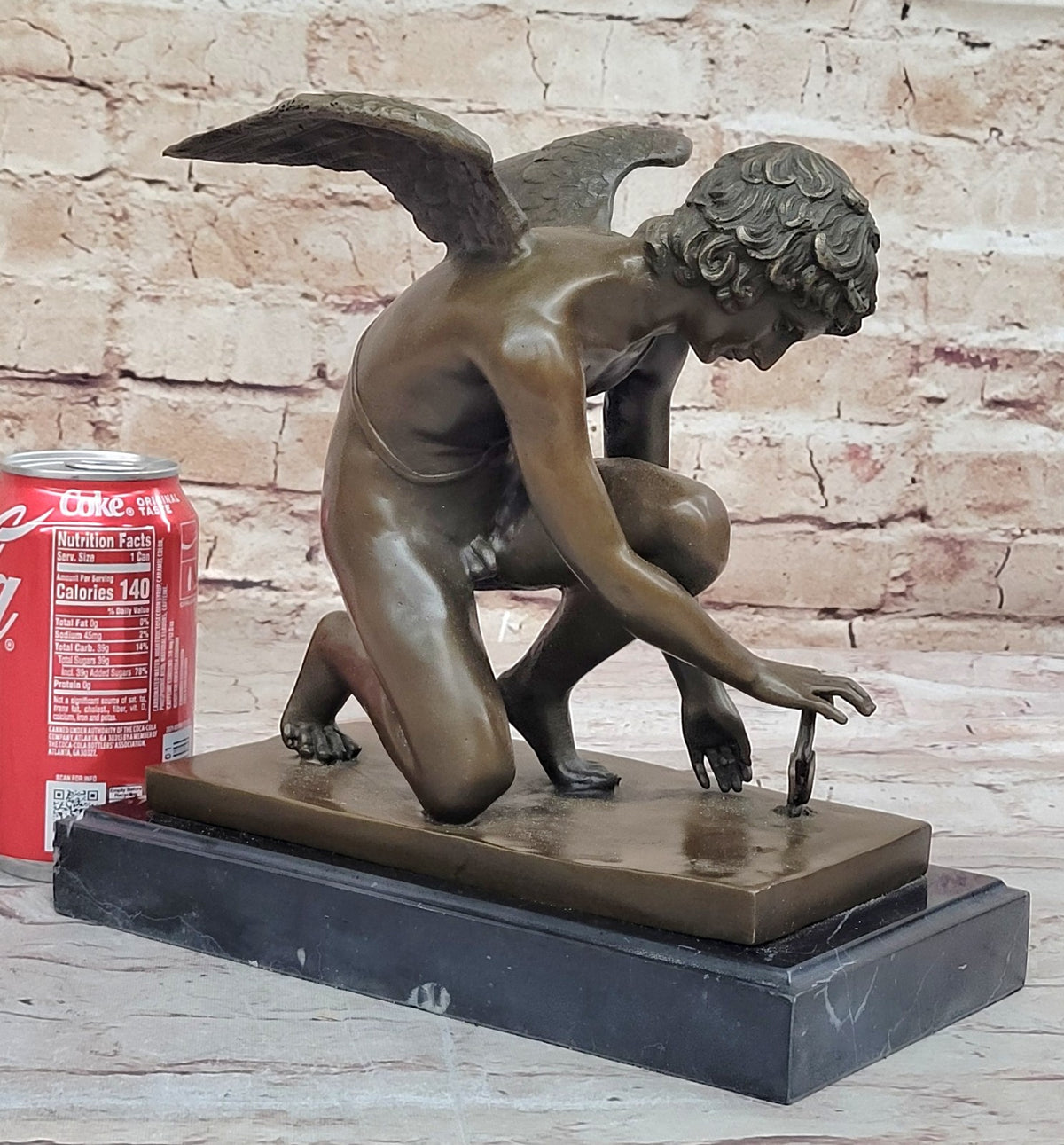 NUDE MALE GUARDIAN ANGEL Winged Sculpture Statue Antique 100% Real Bronze