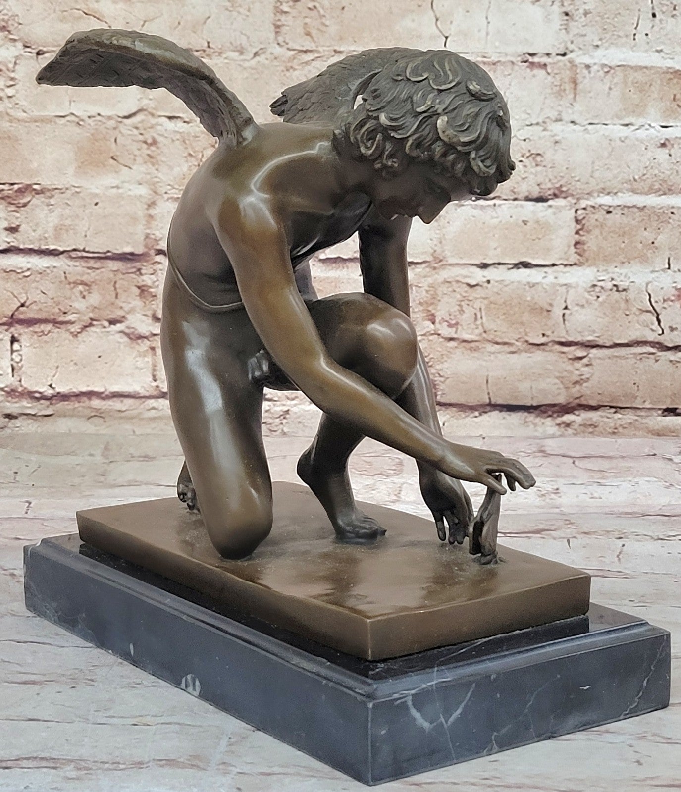 NUDE MALE GUARDIAN ANGEL Winged Sculpture Statue Antique 100% Real Bronze